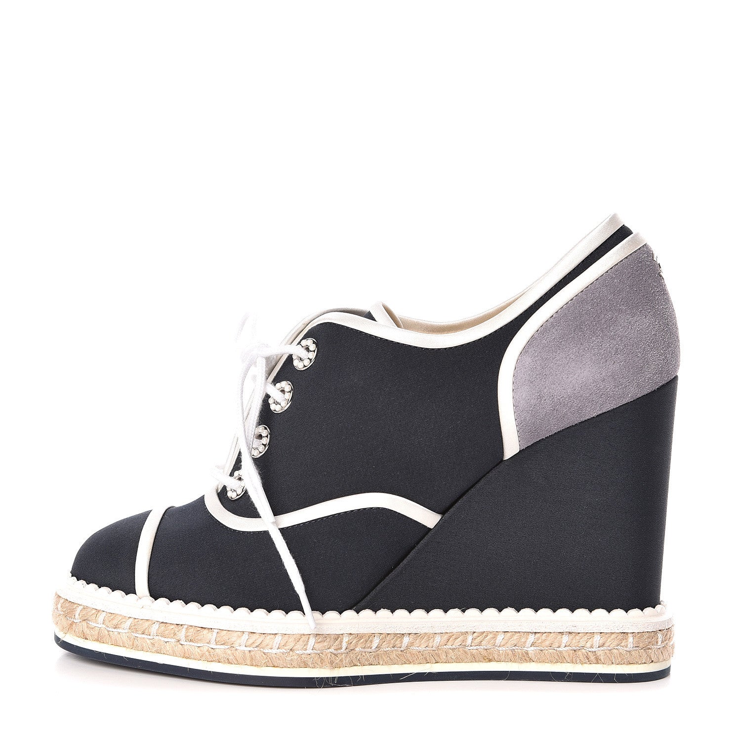 Chanel Silk Crepe Suede Calfskin Lace Up Wedge Espadrilles 36.5 Navy Grey 1 of 8