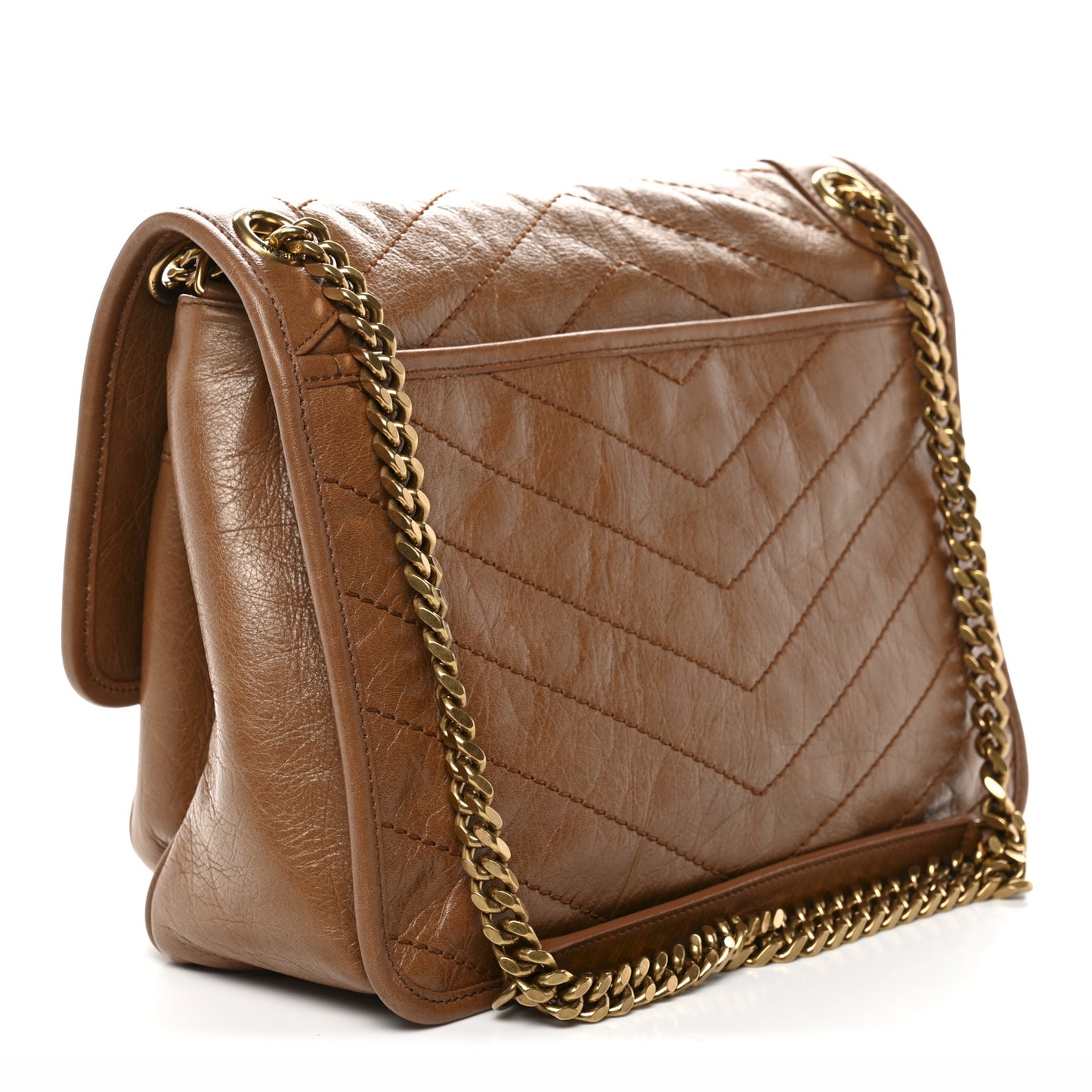 Crinkled Calfskin Matelasse Monogram Medium Niki Chain Satchel Caramel