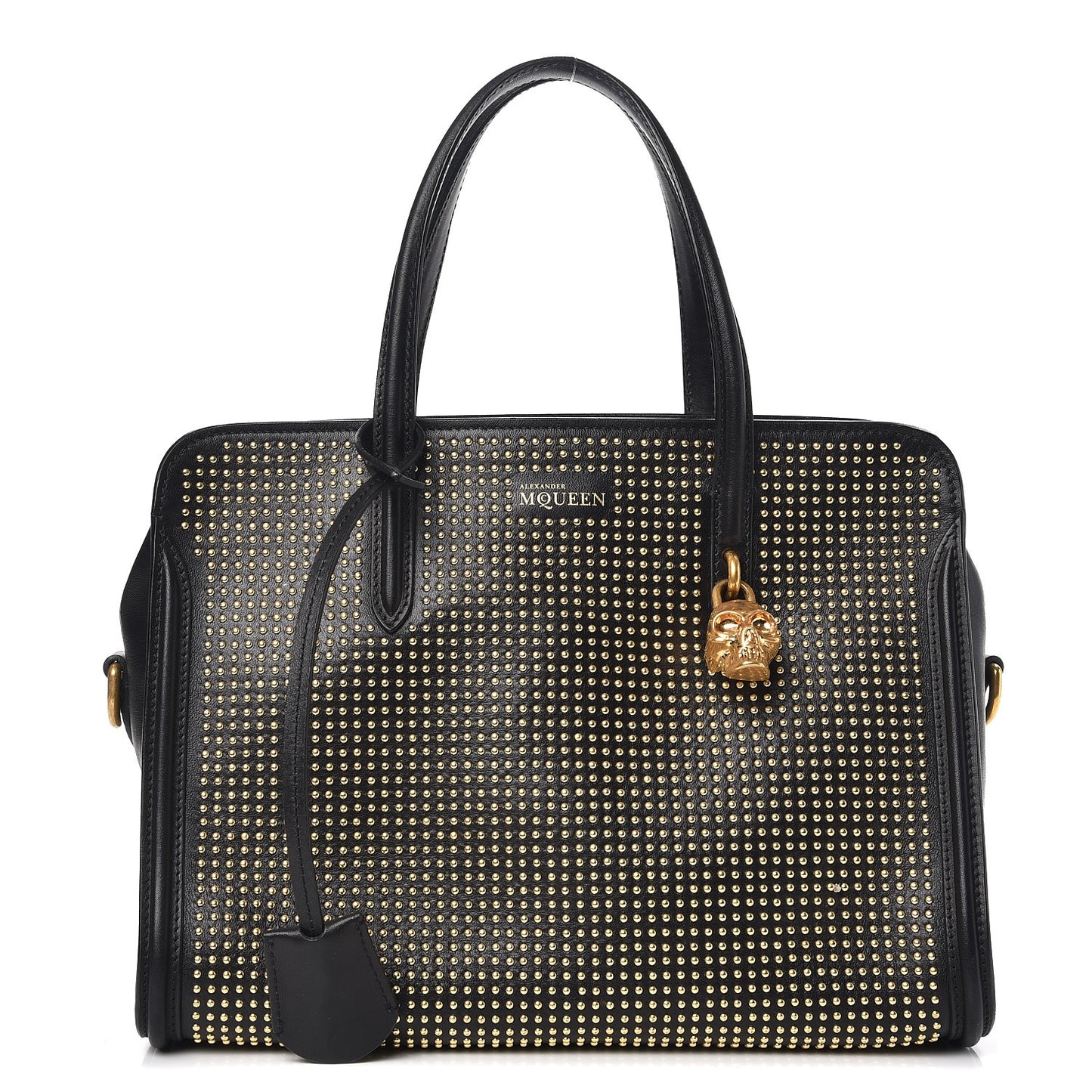 Calfskin Small Studded Padlock Zip Around Tote Black