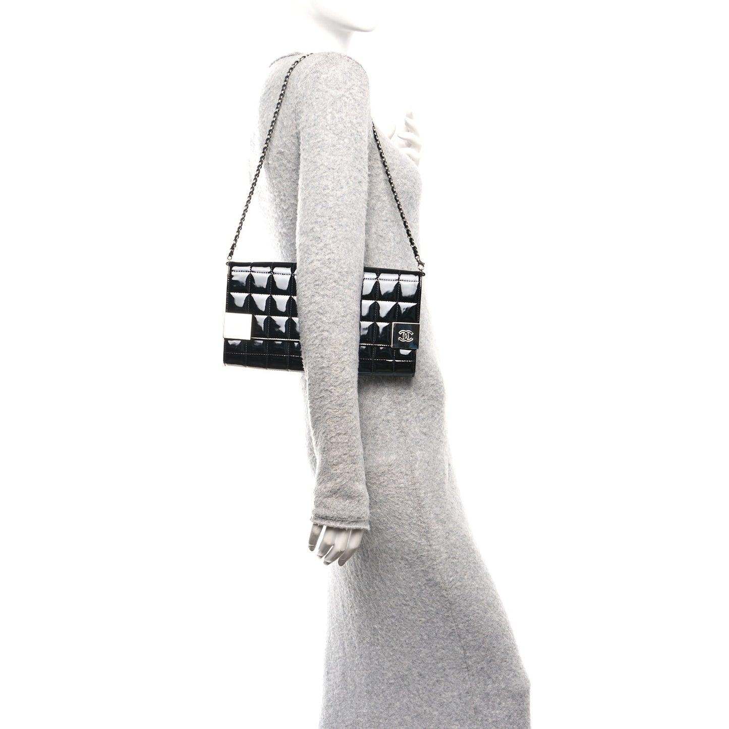 Patent Chocolate Bar Chain Clutch Black