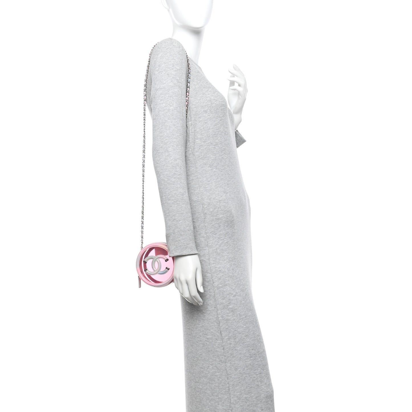 PVC Lambskin Filigree Round Clutch With Chain Pink