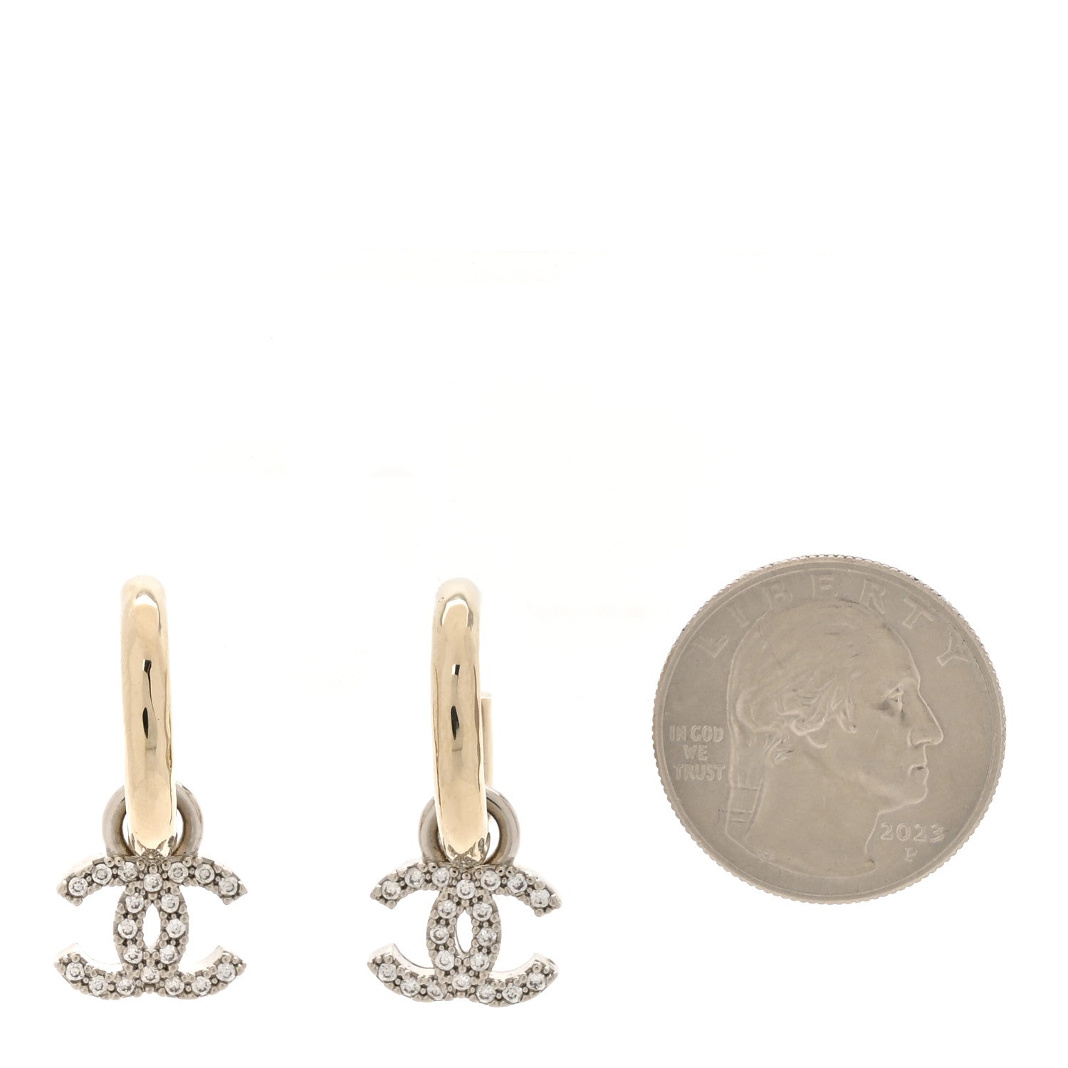 Chanel Metal Crystal CC Hoop Drop Earrings Gold 2 of 5