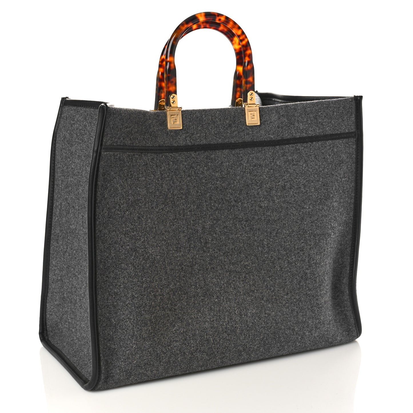 Melange Flannel Plexiglass Satin Logo Embroidered Threaded Edge Large Fendi Sunshine Shopper Tote Grigio Black