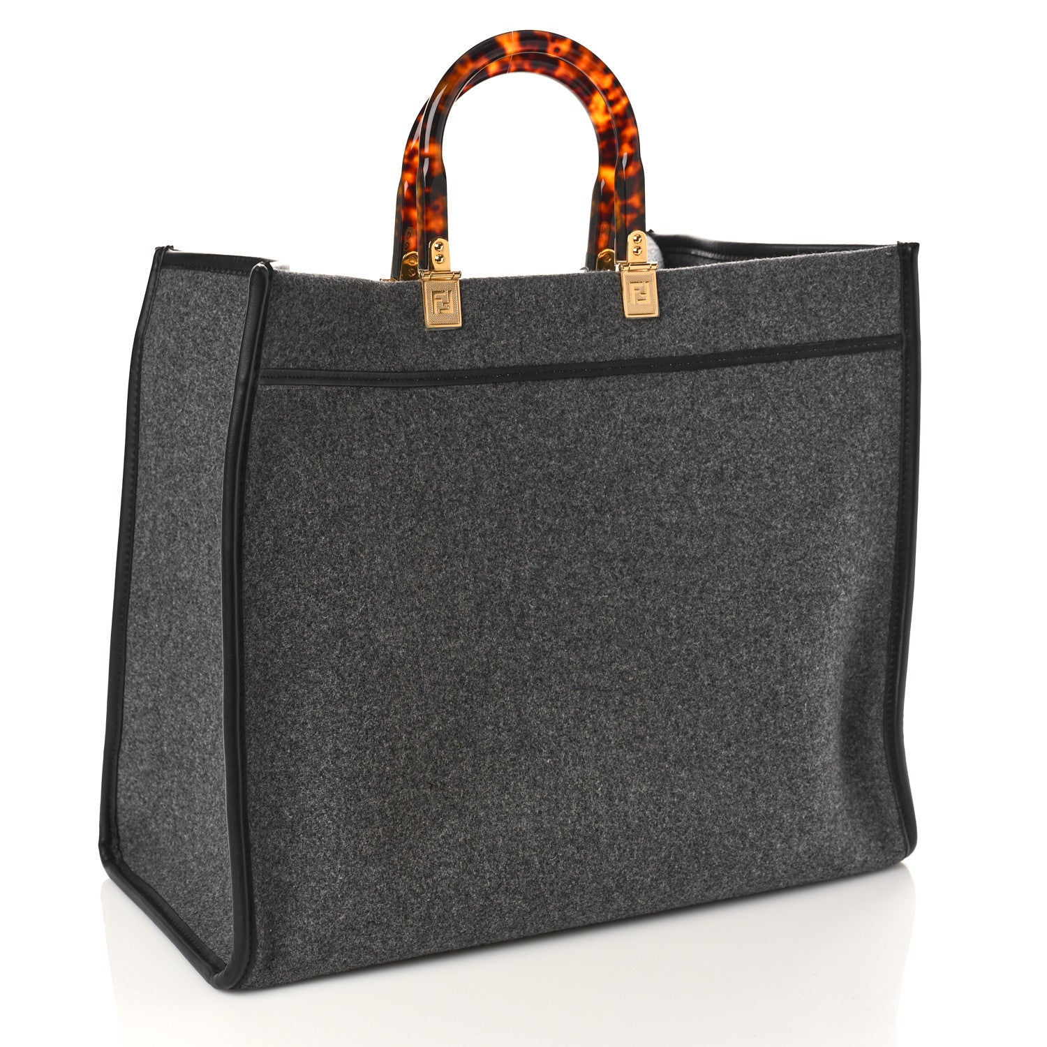 Fendi Melange Flannel Plexiglass Satin Logo Embroidered Threaded Edge Large Fendi Sunshine Shopper Tote Grigio Black 3 of 9