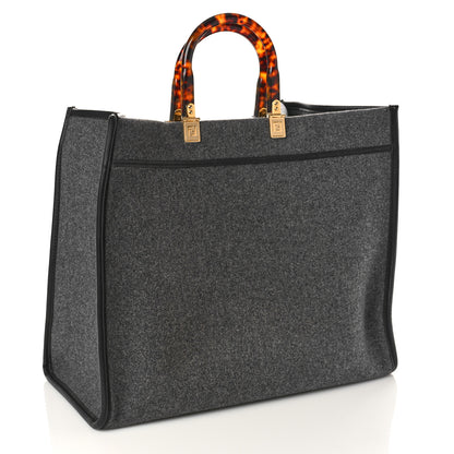 Fendi Melange Flannel Plexiglass Satin Logo Embroidered Threaded Edge Large Fendi Sunshine Shopper Tote Grigio Black 3 of 9
