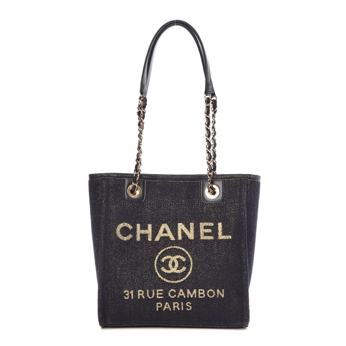 Lurex Canvas Mini Deauville Tote Navy Blue Gold
