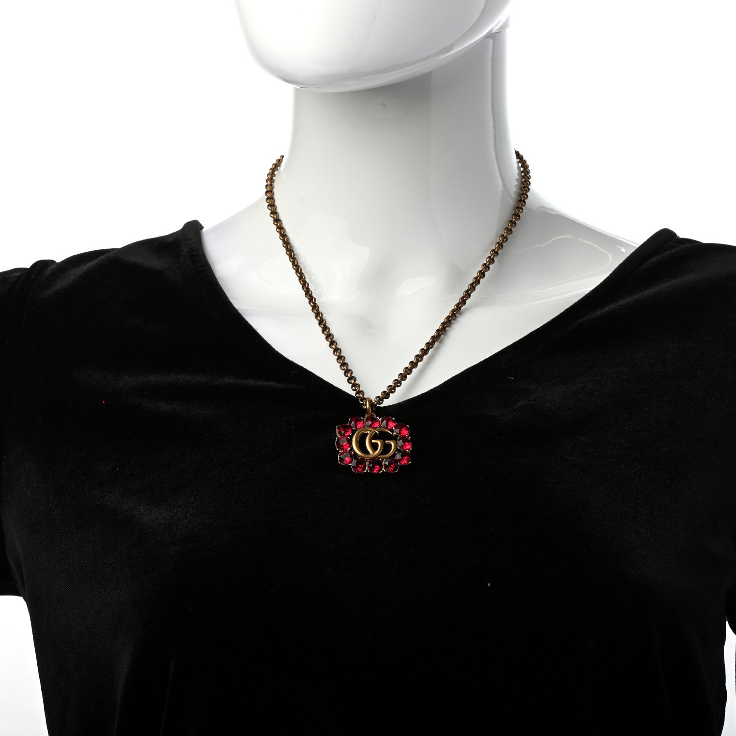 Gucci Crystal Embellished Double G Necklace Aged Gold Red 2 of 5