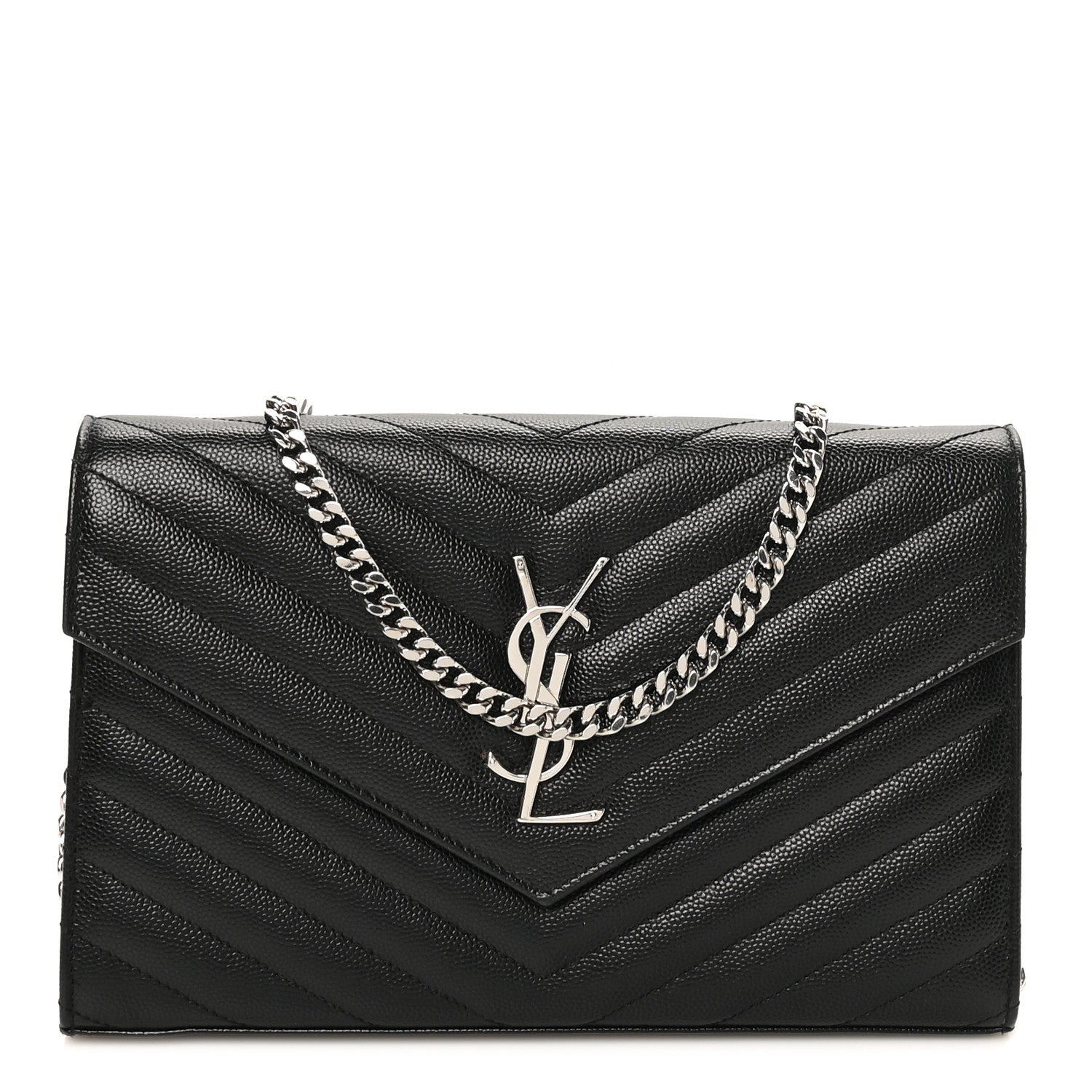 Saint Laurent Grain De Poudre Matelasse Chevron Monogram Chain Wallet Black 1 of 12