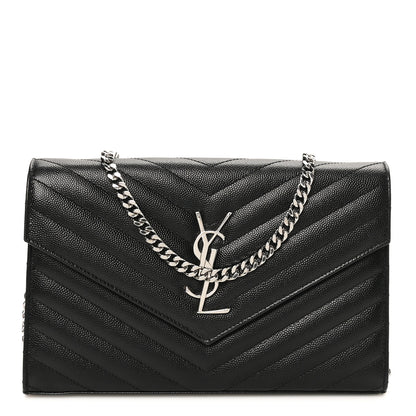 Saint Laurent Grain De Poudre Matelasse Chevron Monogram Chain Wallet Black 1 of 12