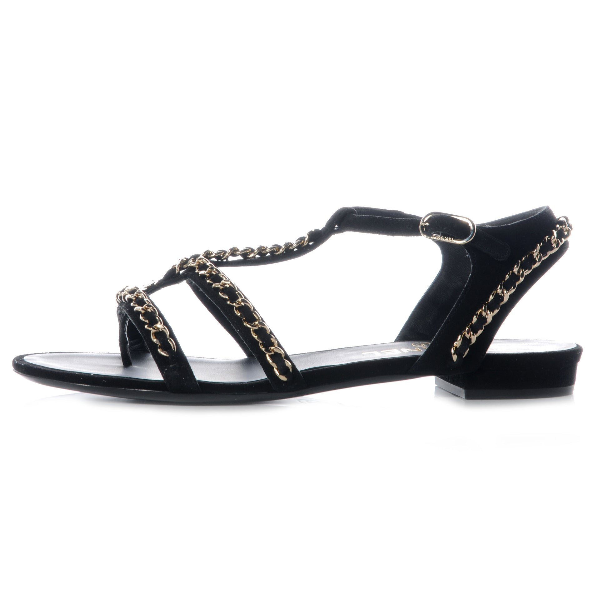Chanel Suede Gladiator Chain Sandals 38.5 Black 1 of 6