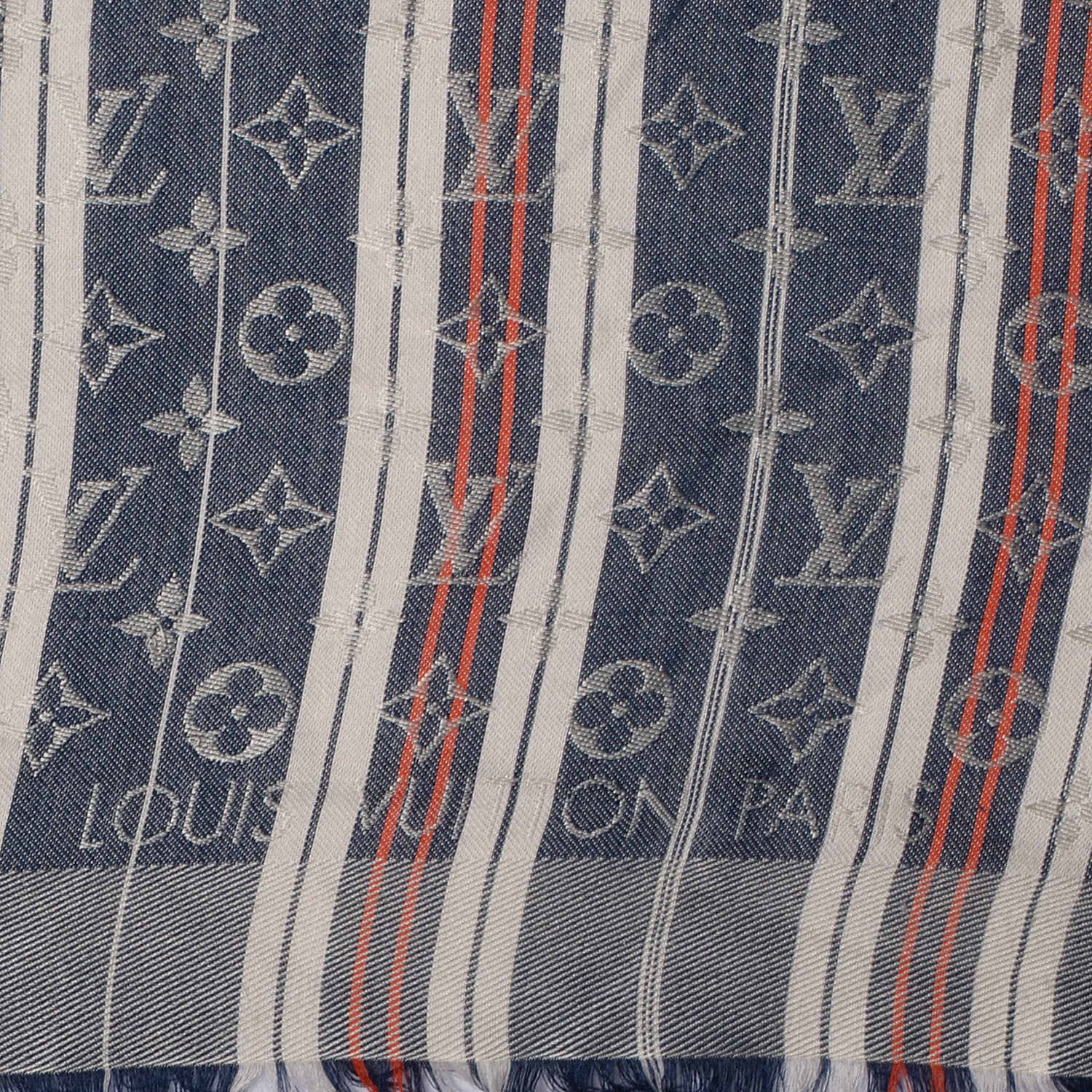 Louis Vuitton Silk Wool Monogram Mattress Stripes Shawl Blue Jean 4 of 5