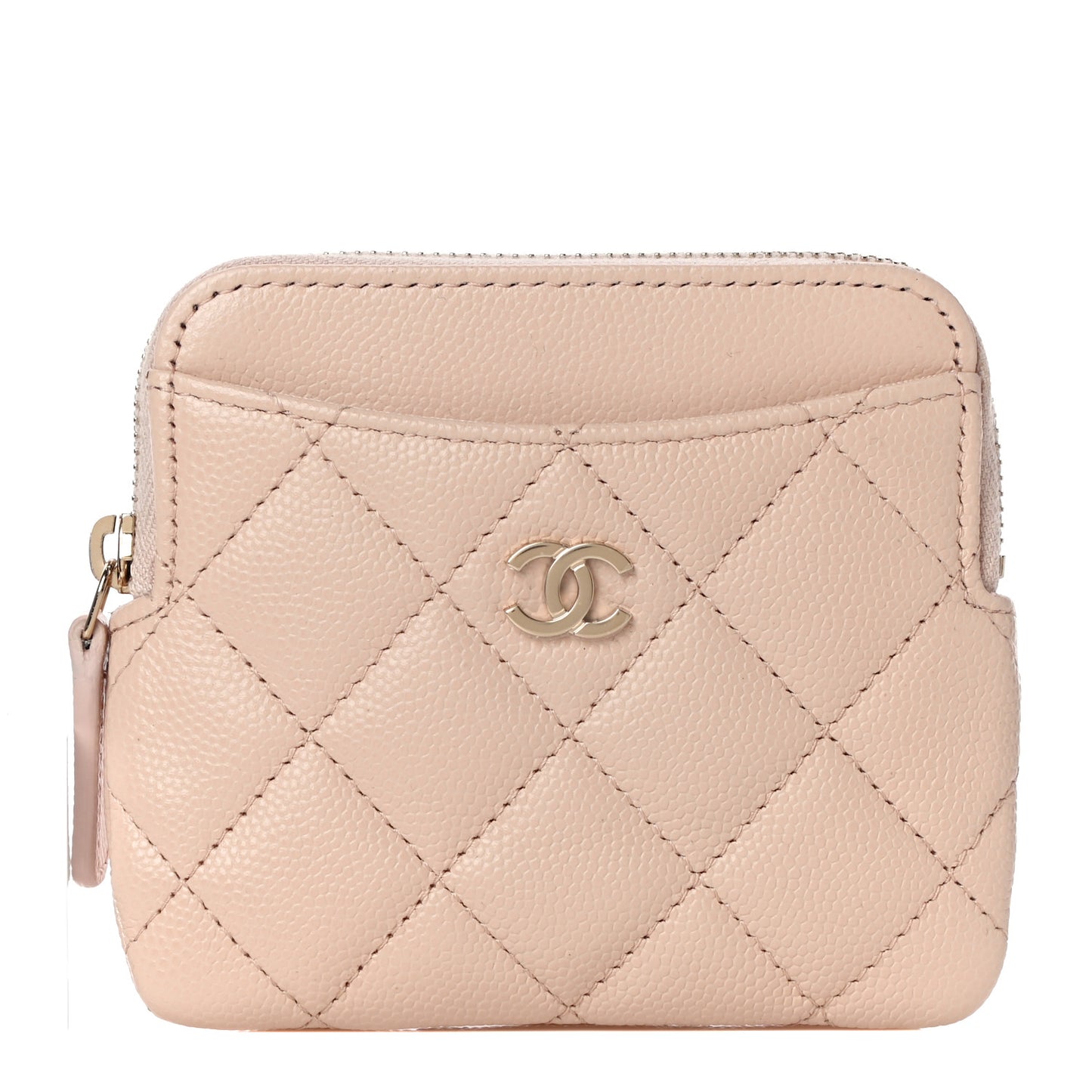 Caviar Quilted Zip Card Holder Wallet Light Beige
