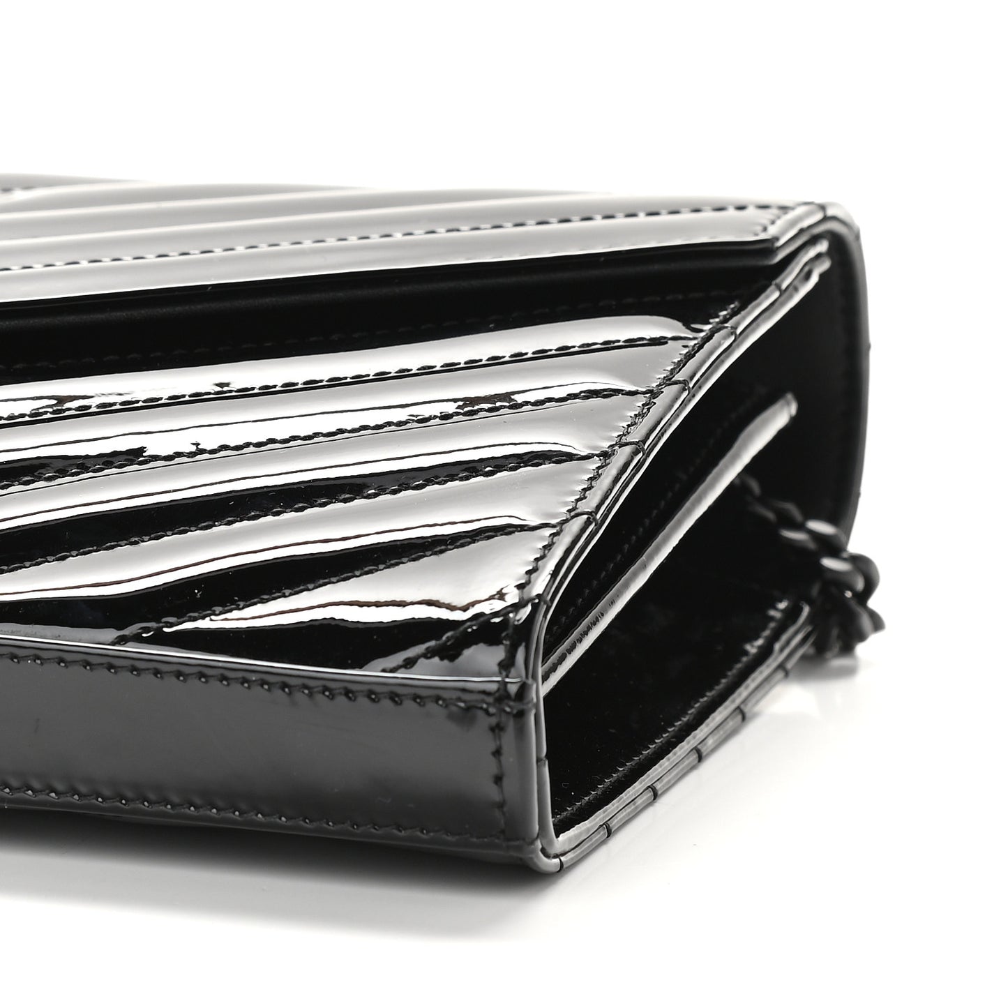Patent Matelasse Chevron Monogram Chain Wallet Black
