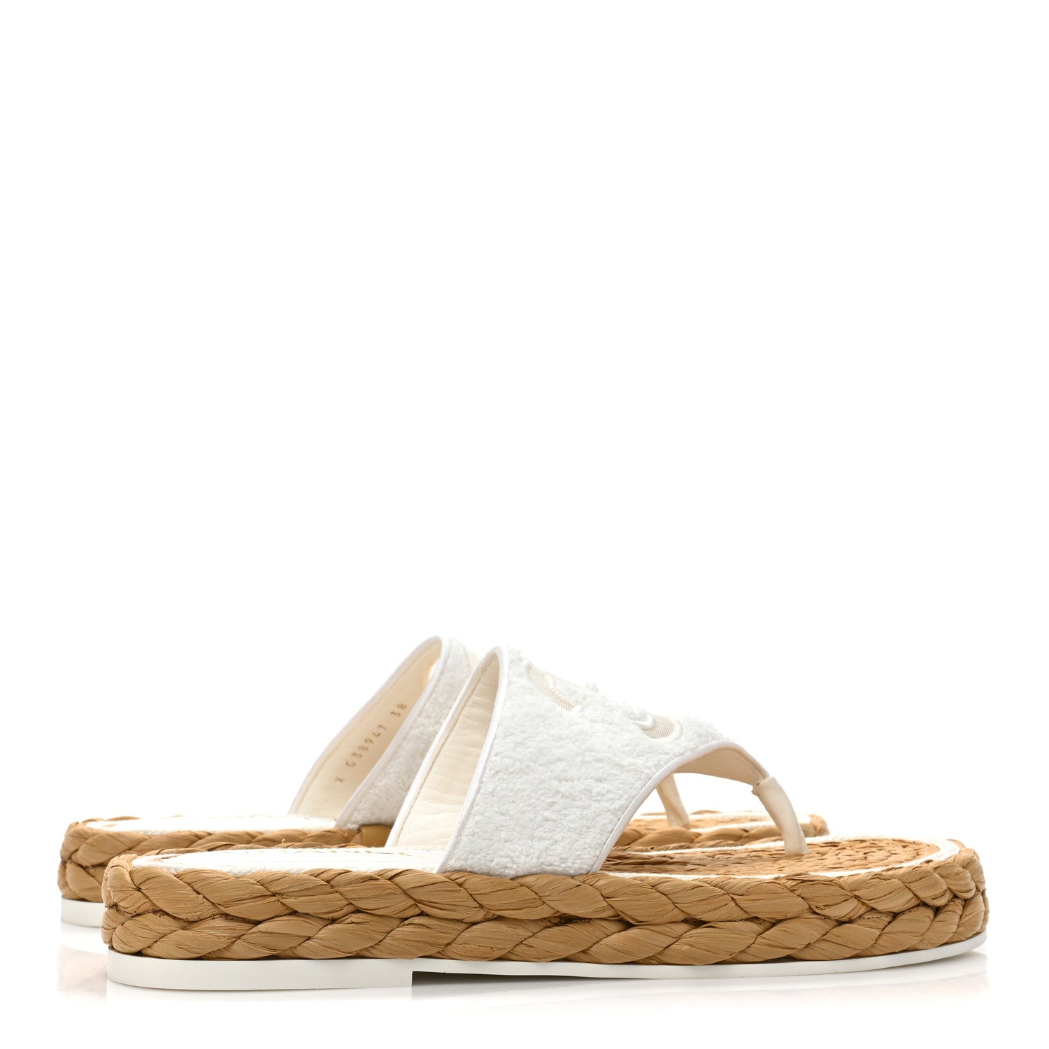 Chanel Terry Cloth Raffia CC Logo Thong Sandals 38 White 4 of 15