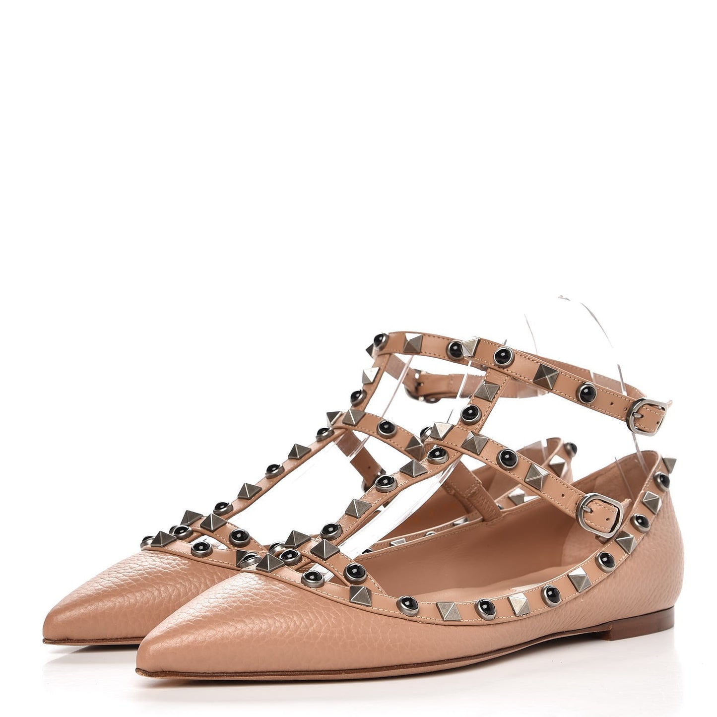 Pebbled Calfskin Onyx Rockstud Rolling Cage Ballerina Flats 36 Soft Noisette