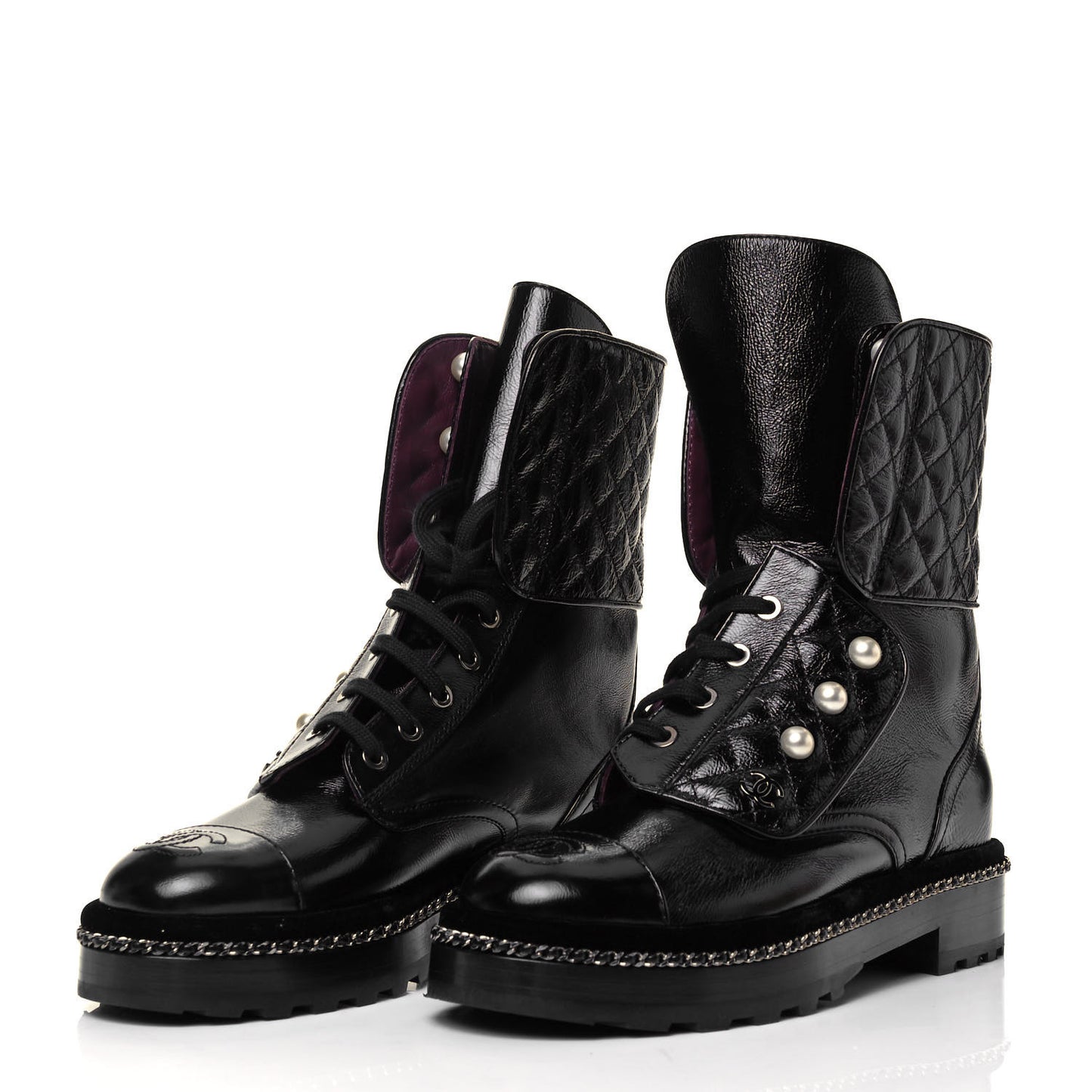 Crackled Calfskin Velvet Pearl Combat Boots 36 Black
