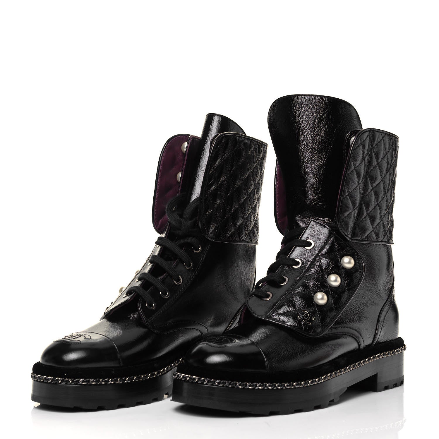 Chanel Crackled Calfskin Velvet Pearl Combat Boots 36 Black 3 of 7