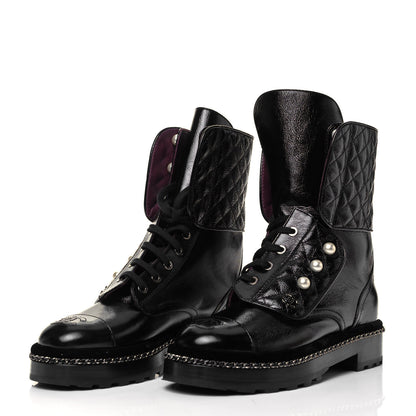 Chanel Crackled Calfskin Velvet Pearl Combat Boots 36 Black 3 of 7