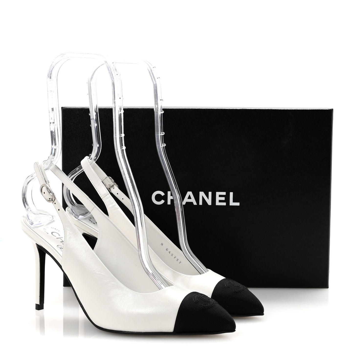 Goatskin Grosgrain Pointed Cap Toe CC Slingback Pumps 37.5 White Black