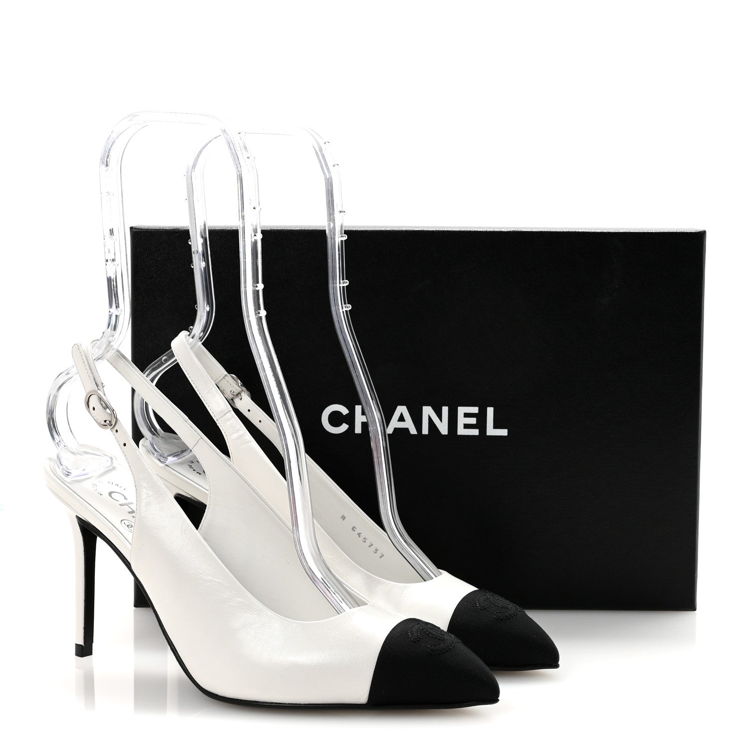 Chanel Goatskin Grosgrain Pointed Cap Toe CC Slingback Pumps 37.5 White Black 10 of 10