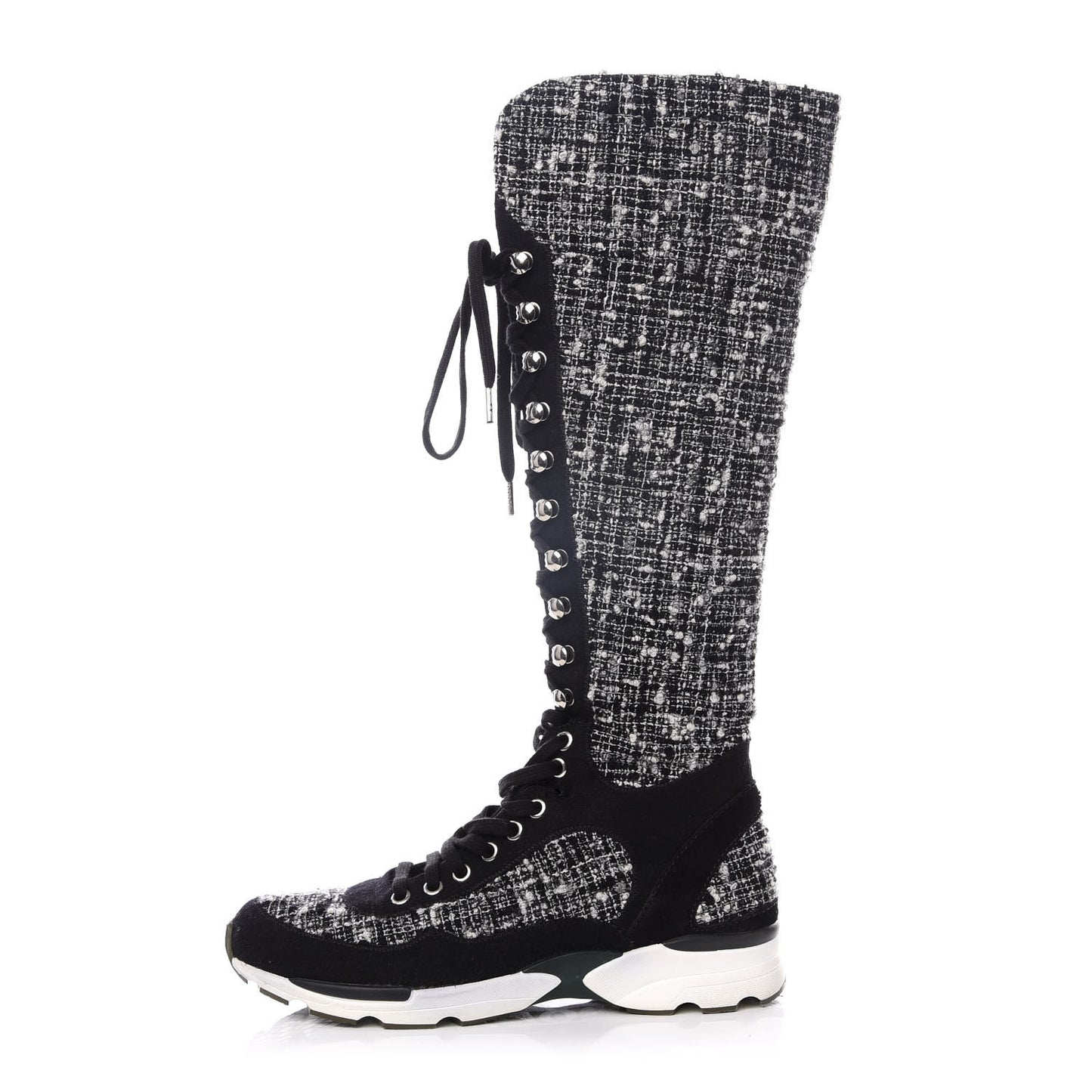 Tweed Suede Calfskin Sneaker High Boots 37 Black White
