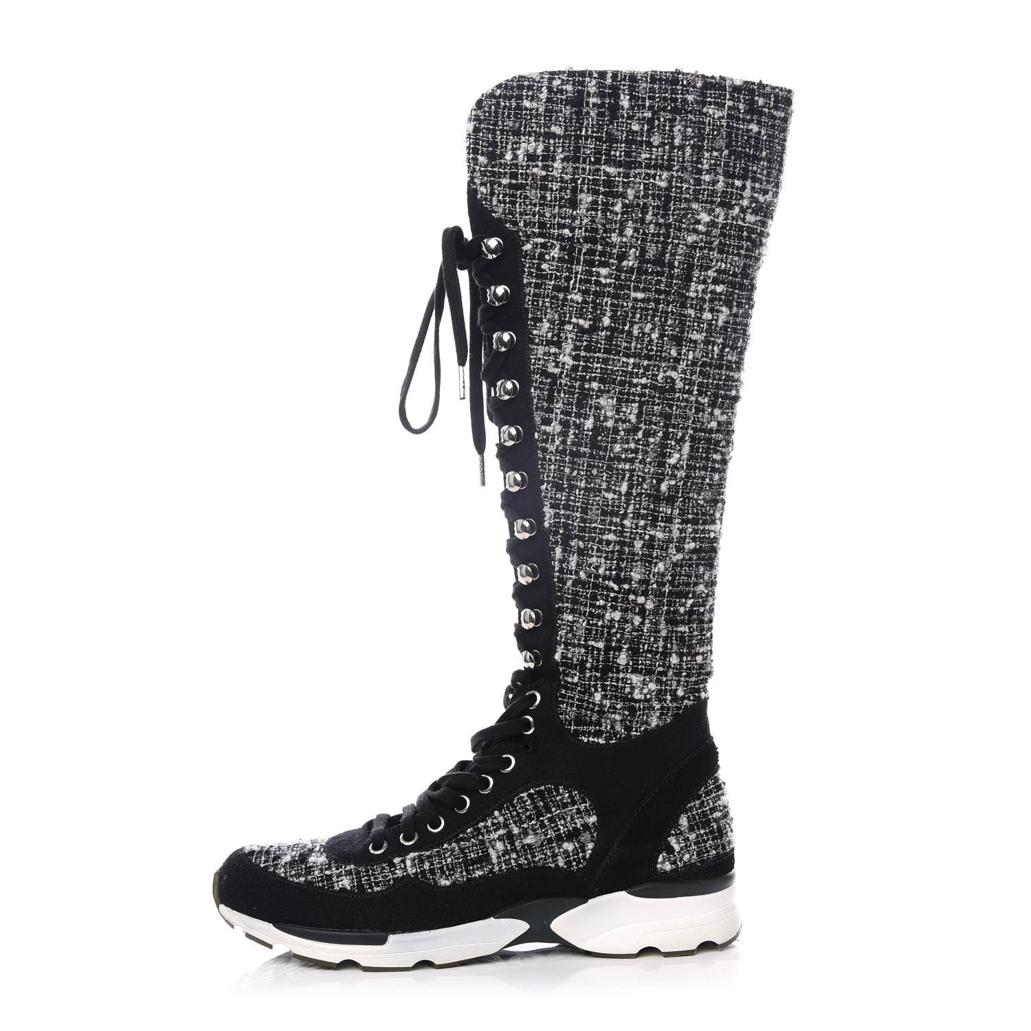 Chanel Tweed Suede Calfskin Sneaker High Boots 37 Black White 1 of 9