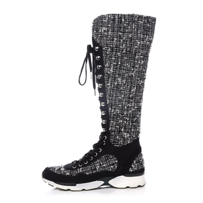 Chanel Tweed Suede Calfskin Sneaker High Boots 37 Black White 1 of 9