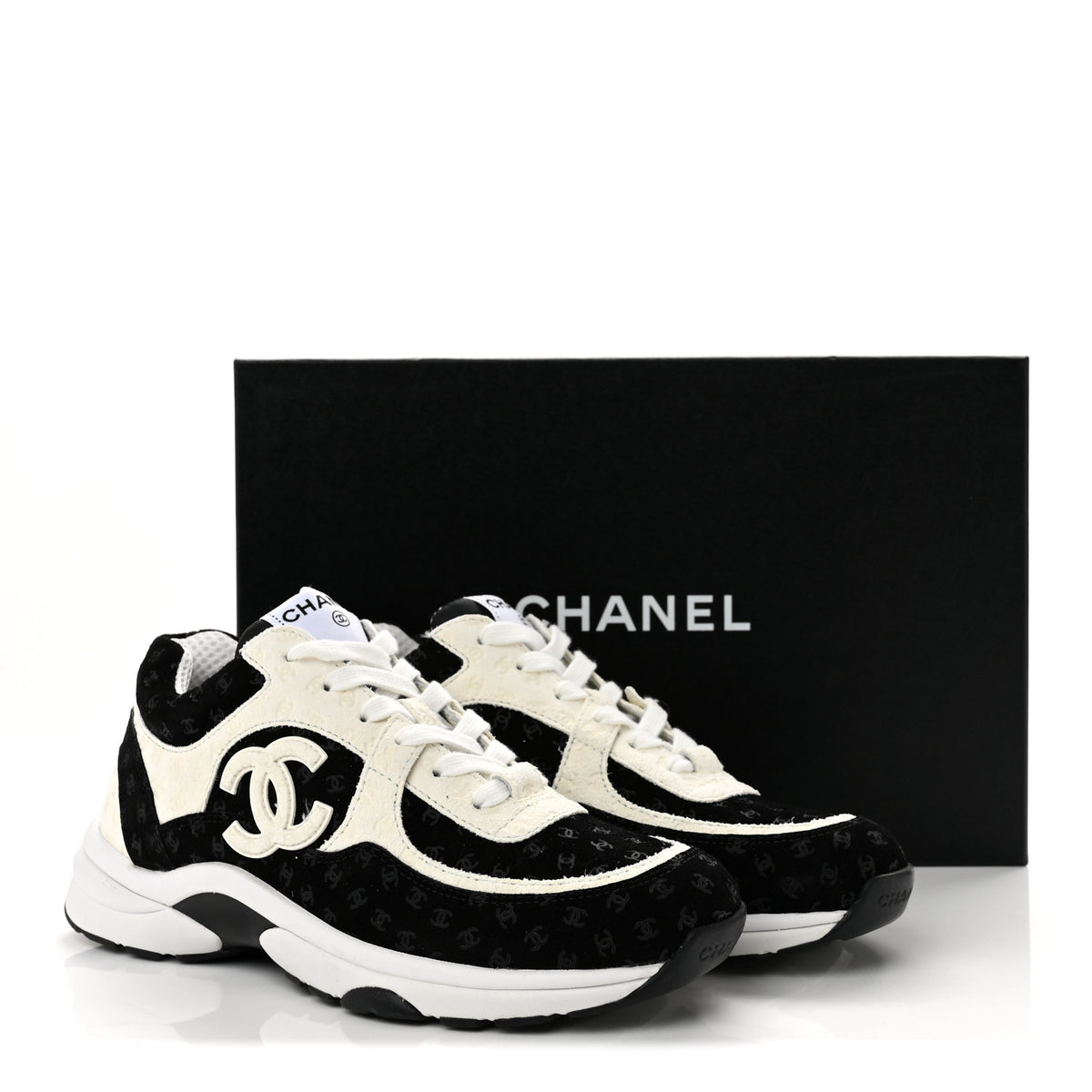 Chanel Nylon Suede Calfskin Printed CC Sneakers 38 White Black 9 of 9