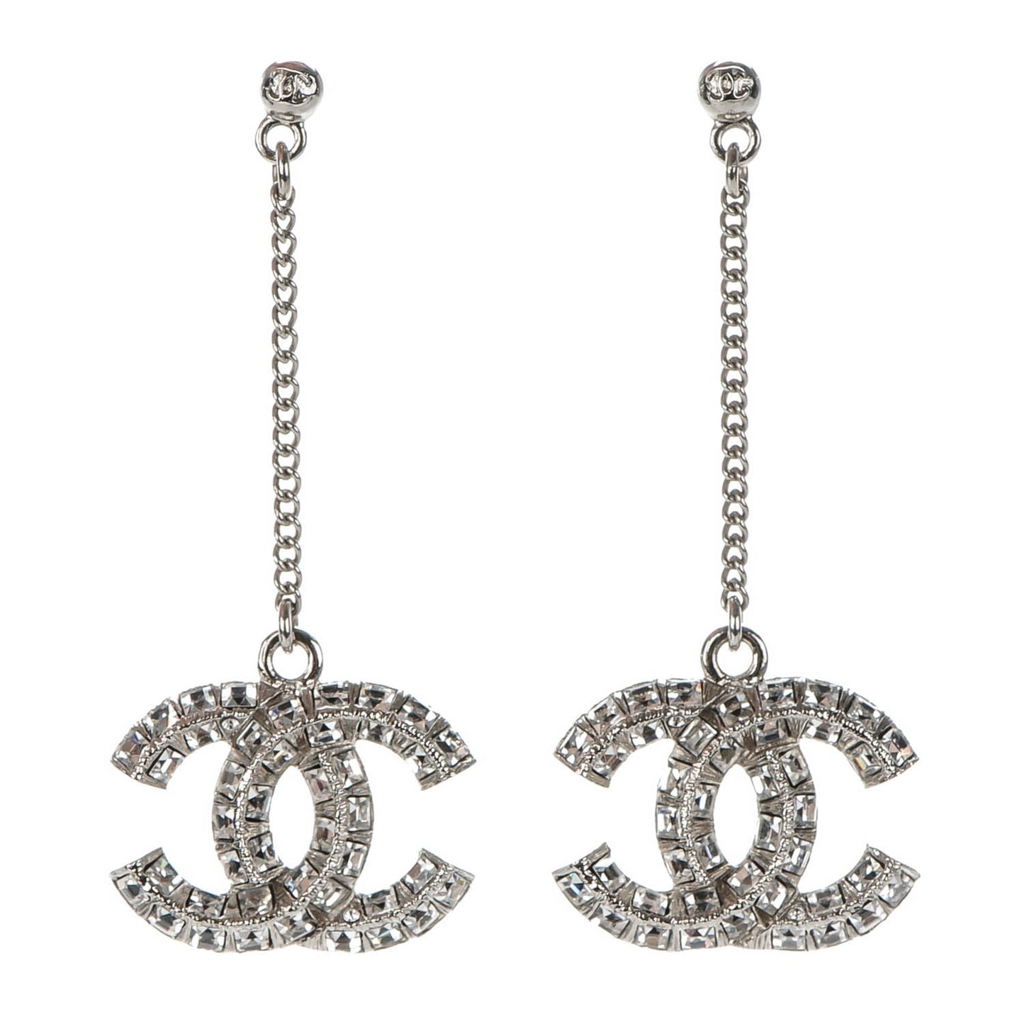 Baguette Crystal CC Drop Earrings Silver