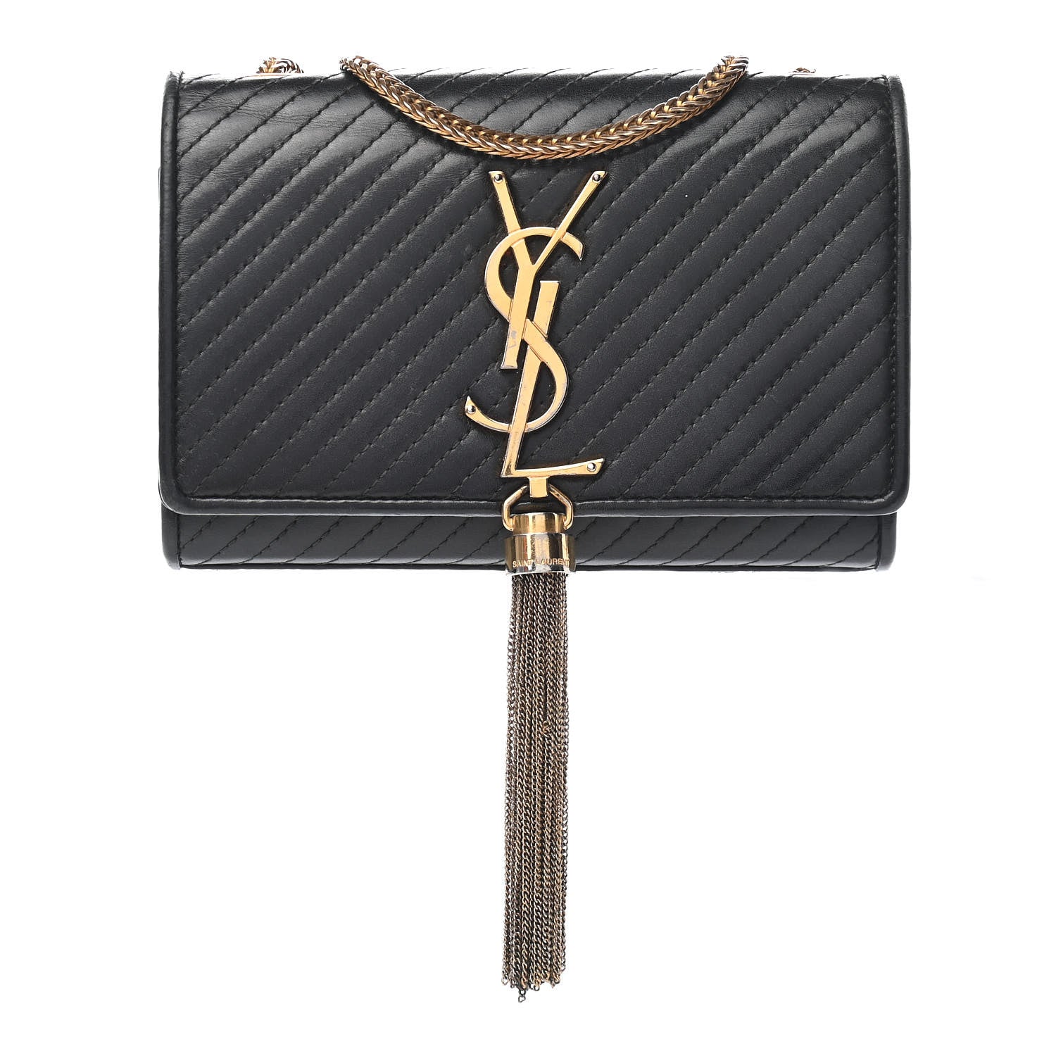 Saint Laurent Calfskin Patterned Small Cassandre Tassel Satchel Black 1 of 8