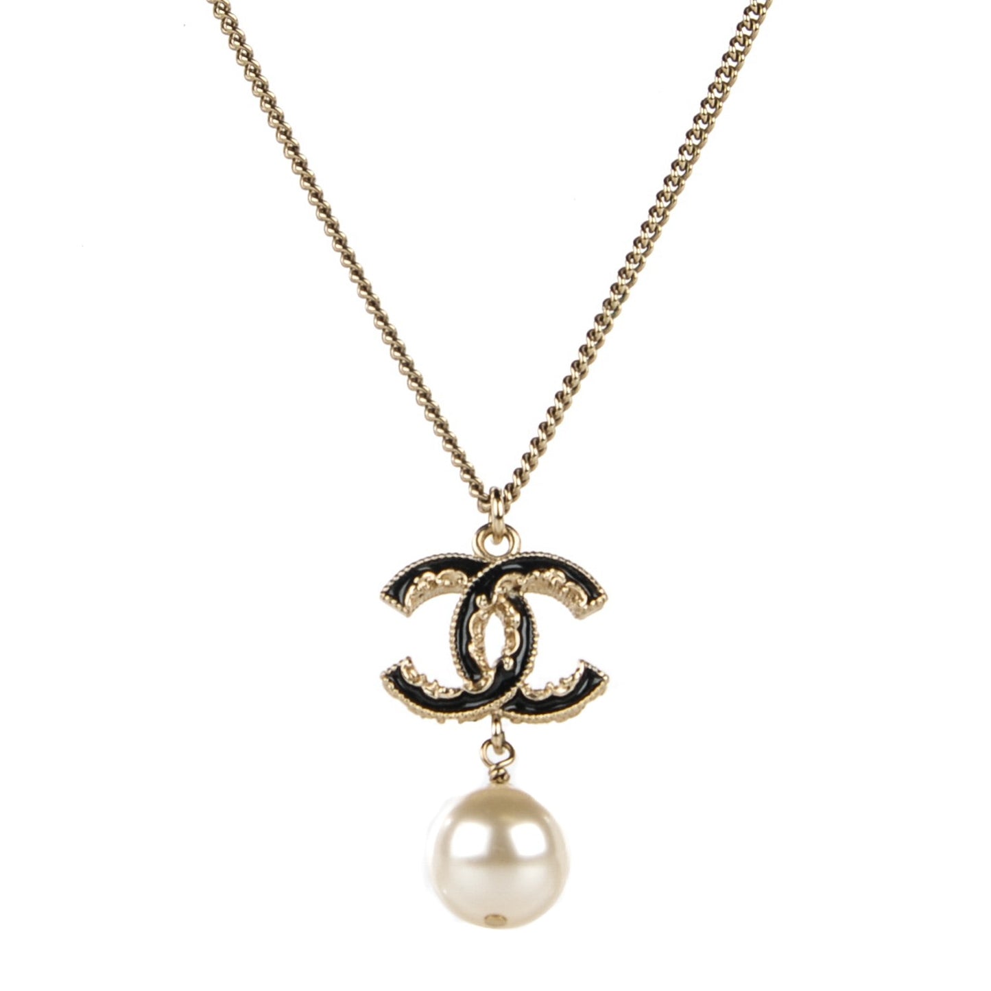 Enamel CC Pearl Drop Necklace Gold