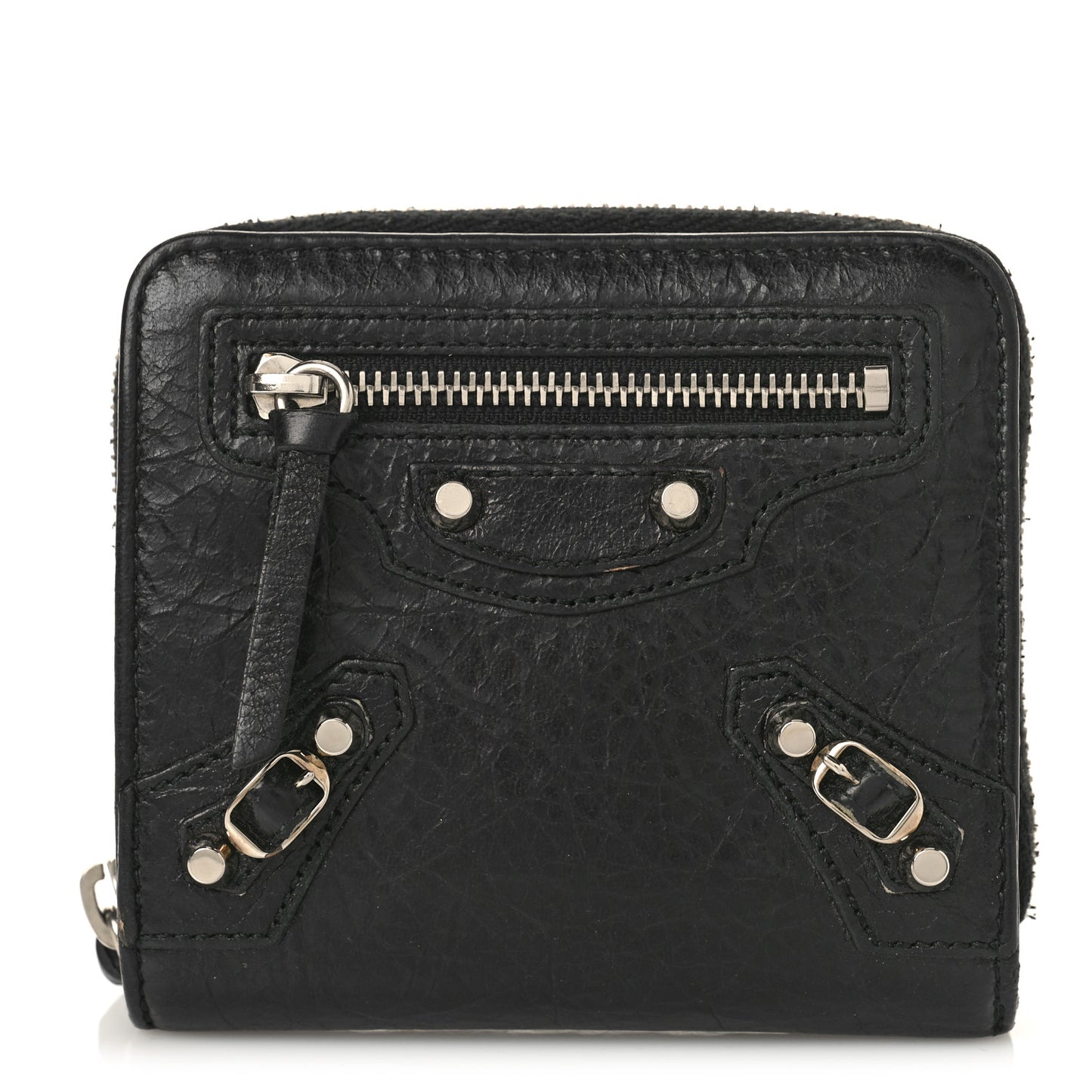 Agneau Classic Silver Hardware Compact Wallet Black