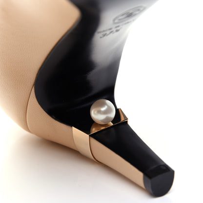 Chanel Lambskin Patent Cap Toe Pearl Pumps 37.5 Beige Black 12 of 13