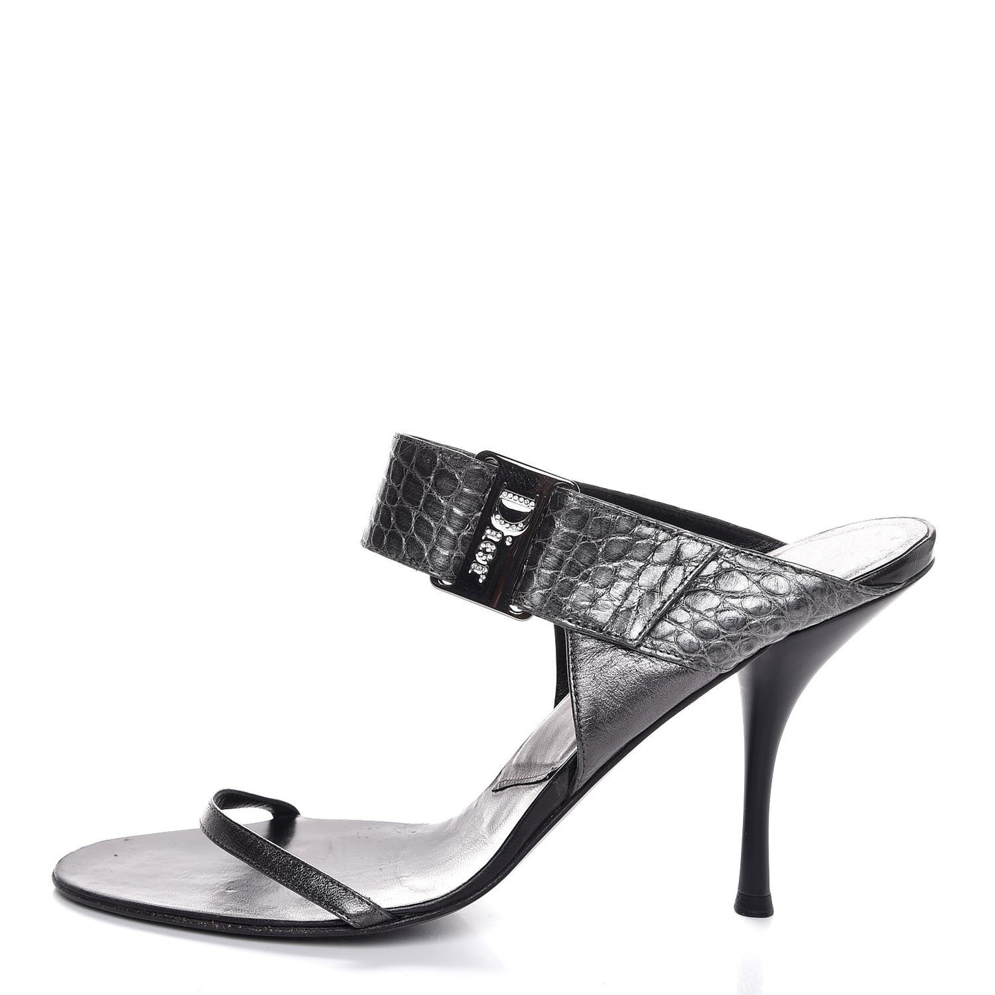 Metallic Lambskin Alligator Mule Sandals 40 Dark Silver