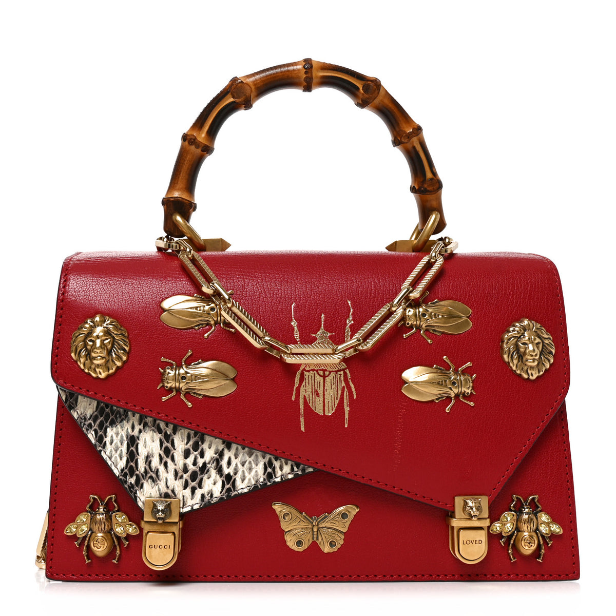 Gucci Calfskin Snakeskin Studded Small Ottilia Top Handle Bag Hibiscus Red 1 of 10