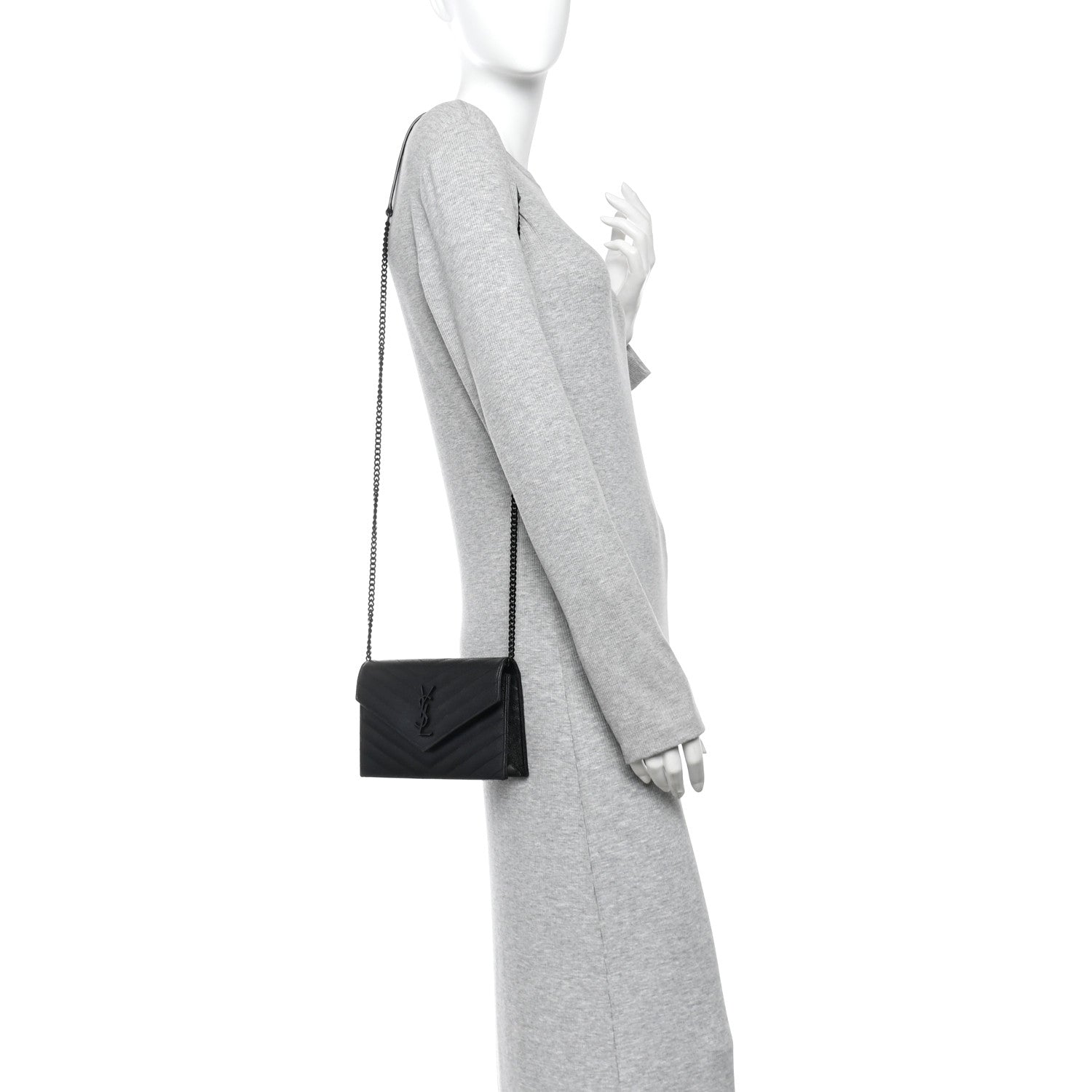 Saint Laurent Grain De Poudre Matelasse Chevron Monogram Monochrome Envelope Chain Wallet Black 2 of 9