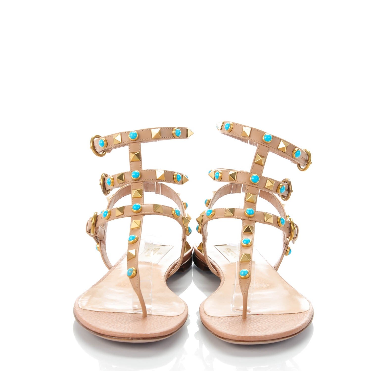 Valentino Garavani Calfskin Rockstud Rolling Ankle Wrap Flat Thong Sandals 36.5 Soft Noisette 2 of 7