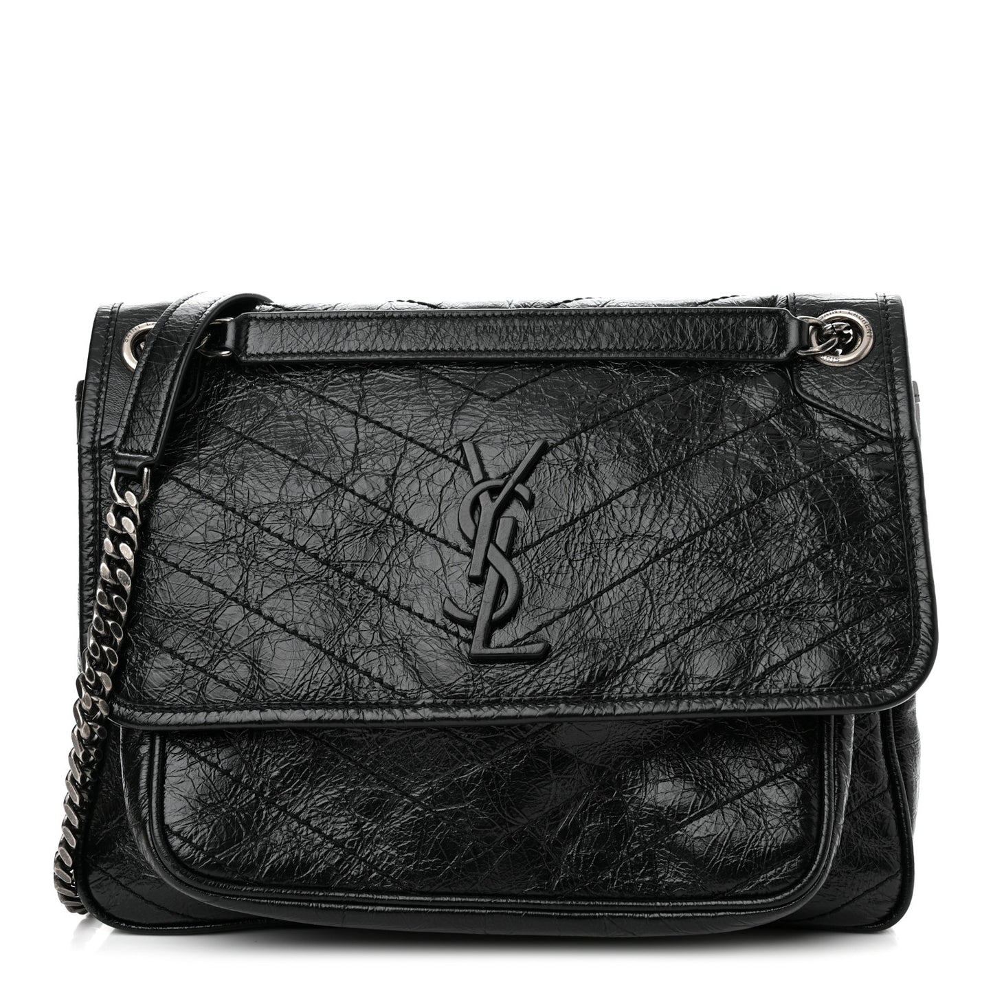 Crinkled Calfskin Matelasse Monogram Medium Niki Chain Satchel Black