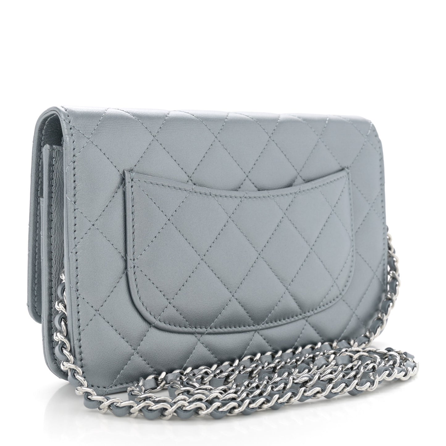 Metallic Lambskin Quilted Wallet On Chain WOC Silver