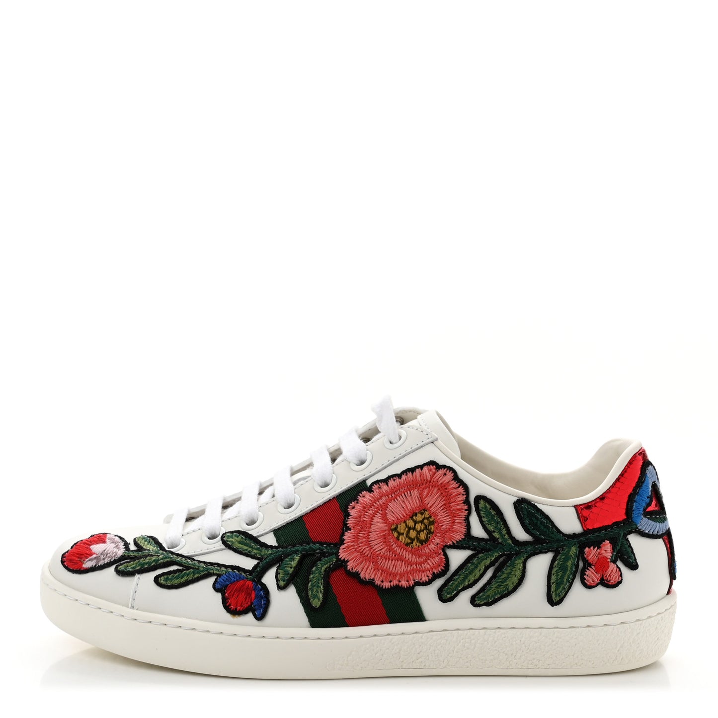 Calfskin Web Floral Embroidered Womens Ace Sneakers 35 White