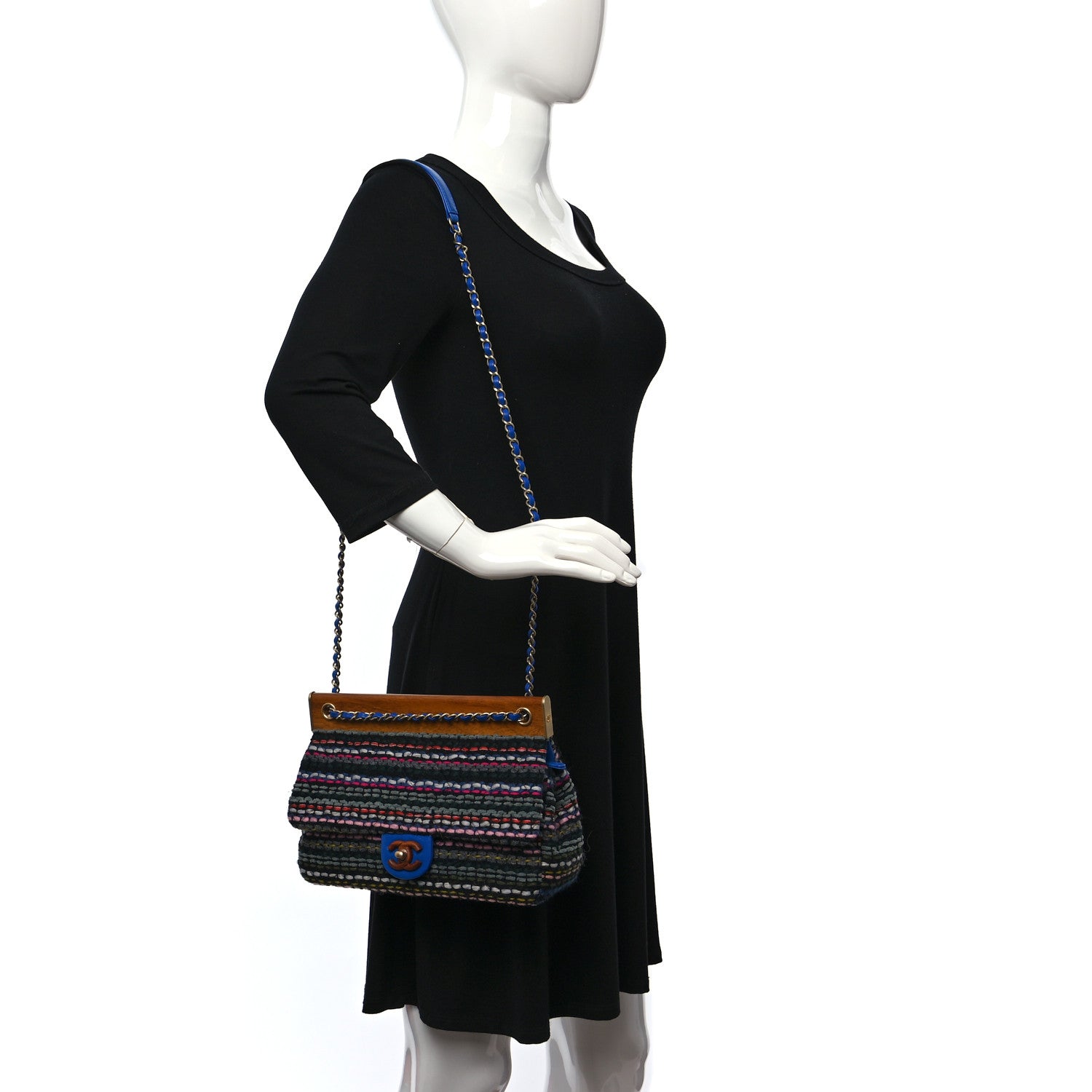 Chanel Tweed Woven Knock On Wood Flap Blue 2 of 9