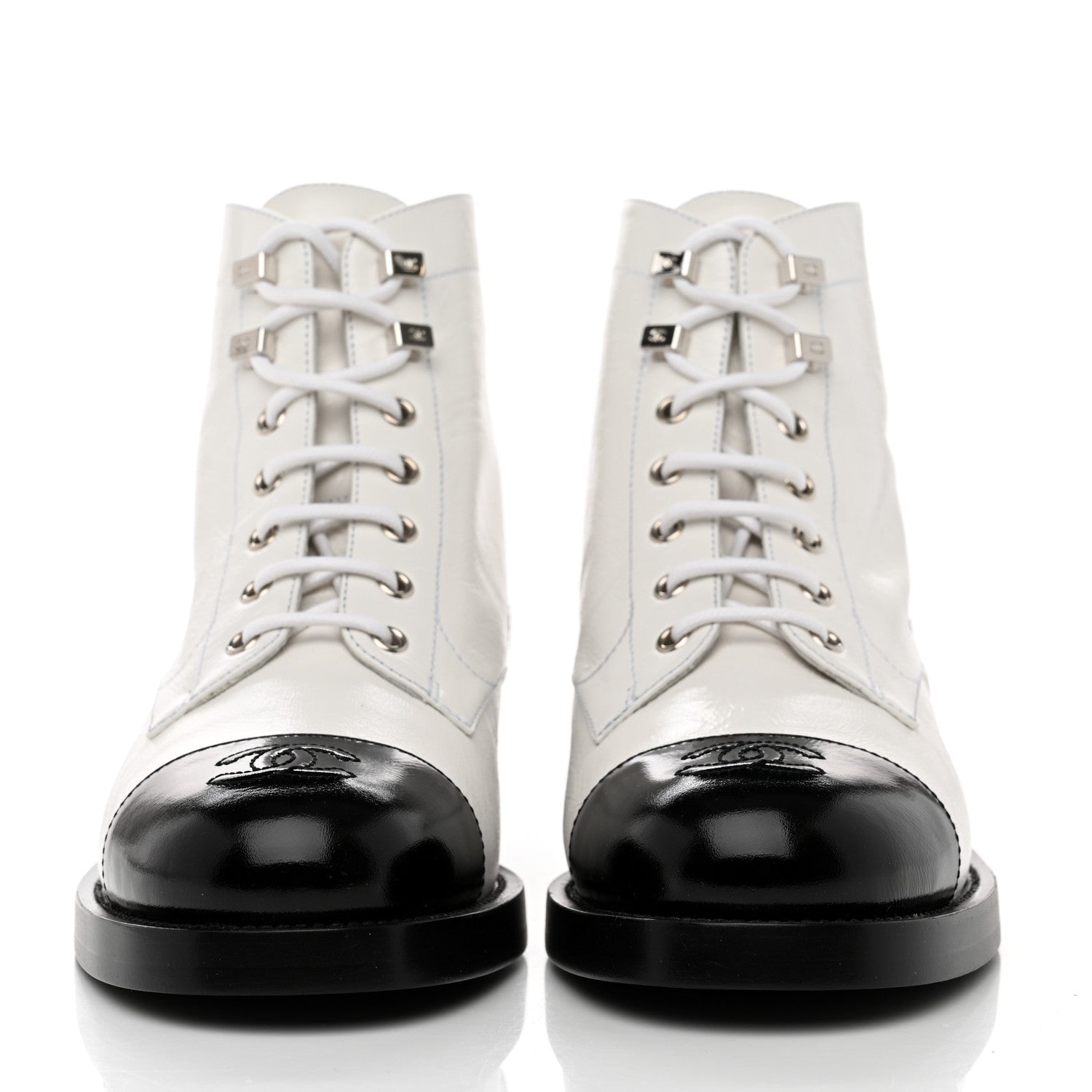 Chanel Distressed Patent Cap Toe Combat Boots 40 White Black 2 of 8