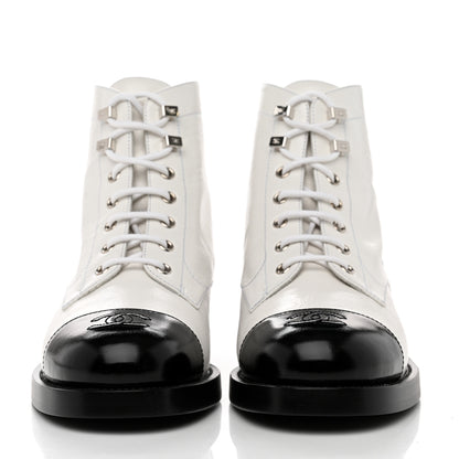 Chanel Distressed Patent Cap Toe Combat Boots 40 White Black 2 of 8