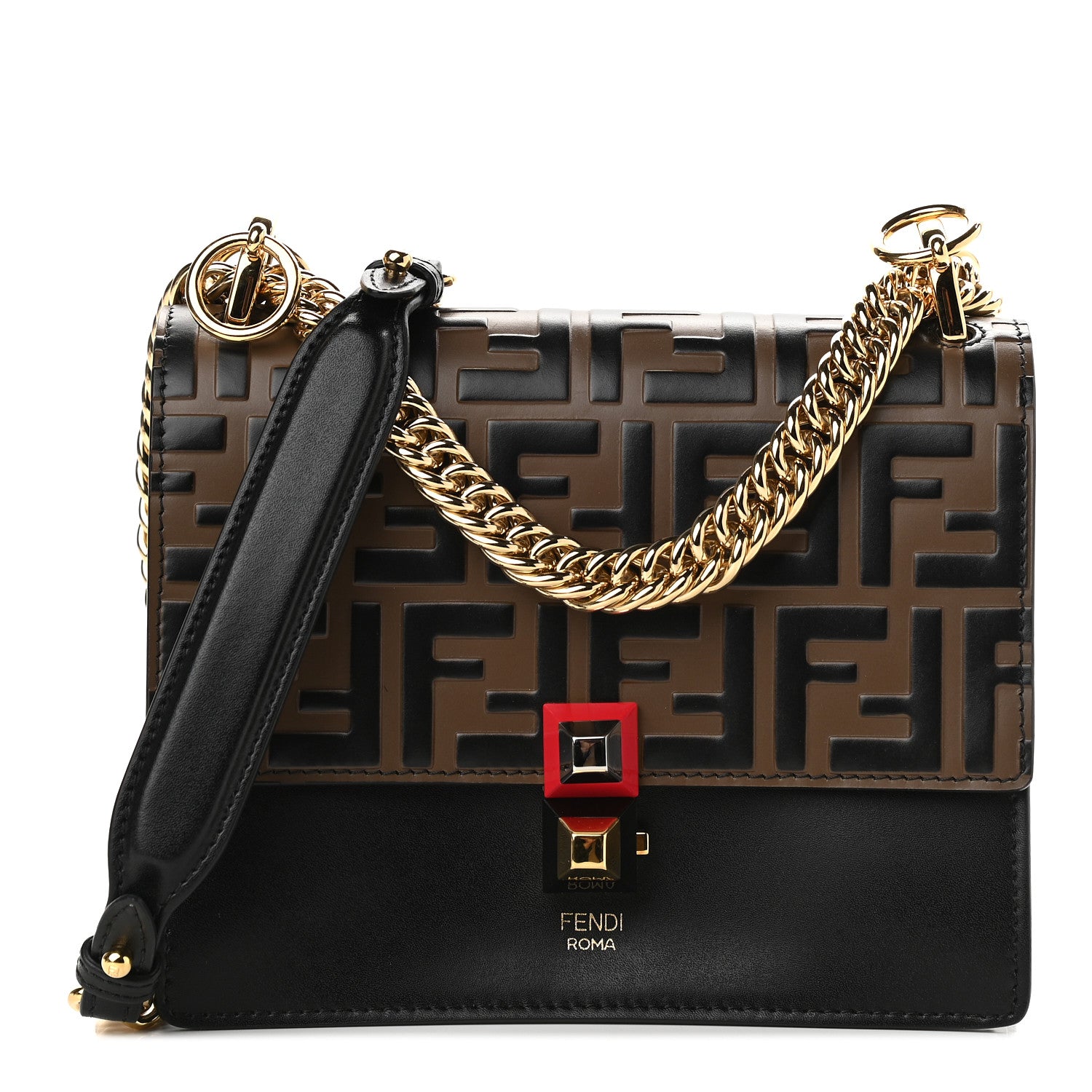 Fendi Vitello Liberty Bi-Color FF 1974 Embossed Small Kan I Shoulder Bag Black Maya 1 of 9