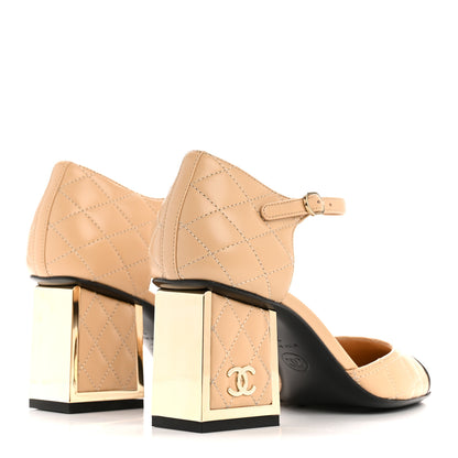 Chanel Lambskin Quilted Cap Toe Mary Jane Pumps 36 Beige Black 5 of 14