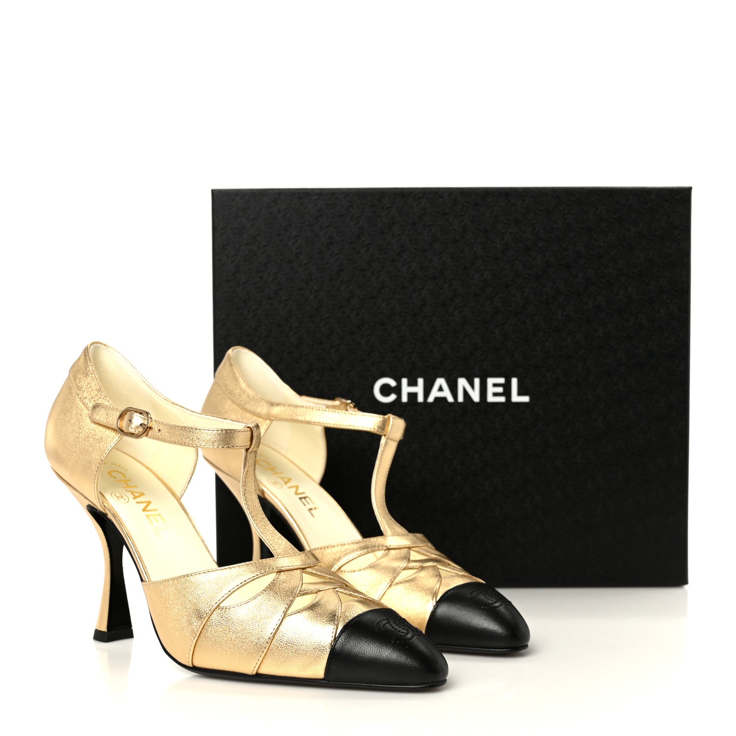 Chanel Laminated Lambskin Cap Toe CC Mary Jane Pumps 38 Gold Black 10 of 10