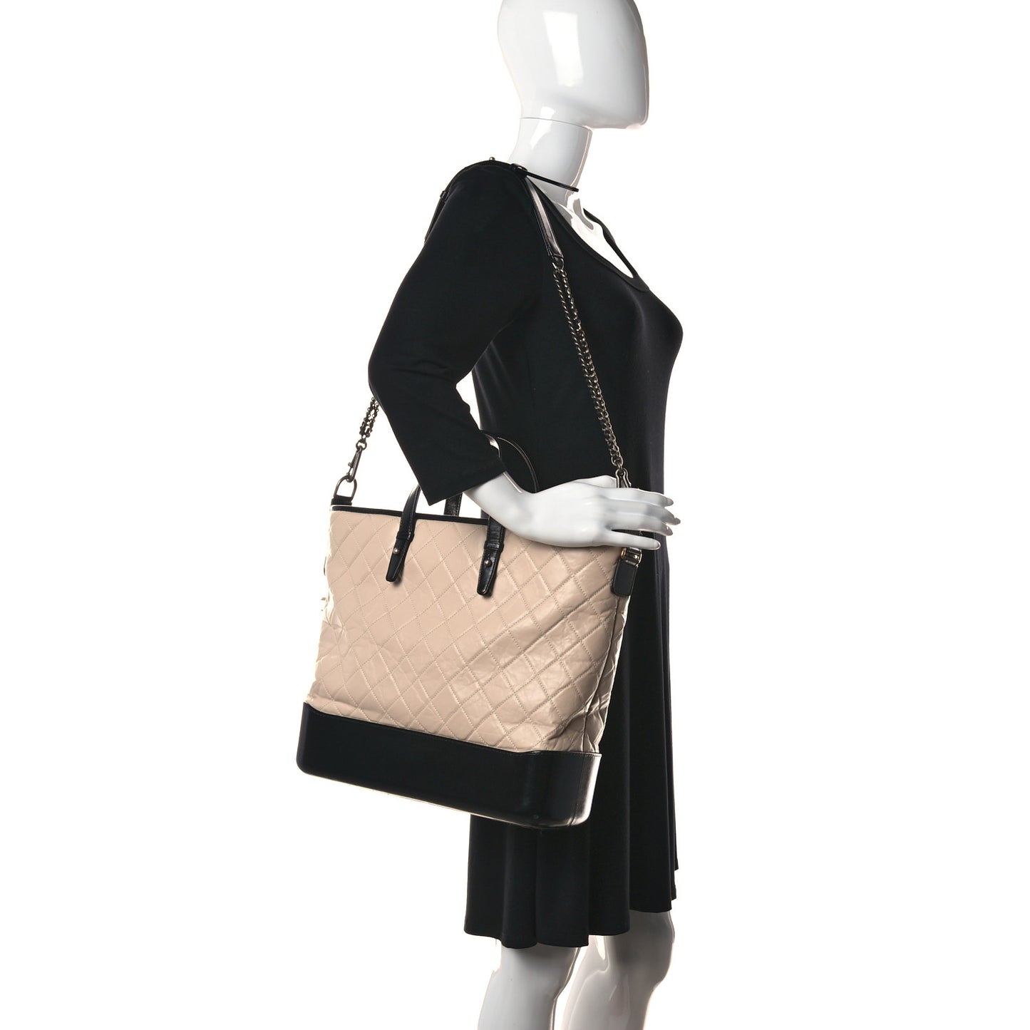 Aged Calfskin Quilted Large Gabrielle Shopping Tote Beige Black