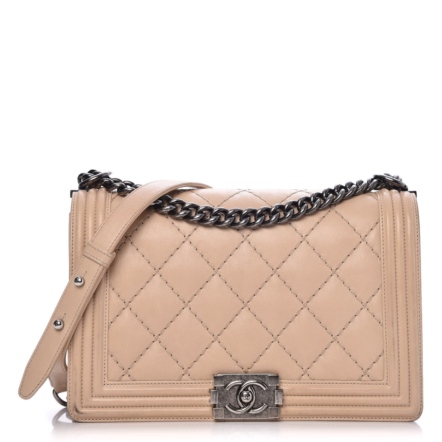 Calfskin Quilted Double Stitch New Medium Boy Flap Beige