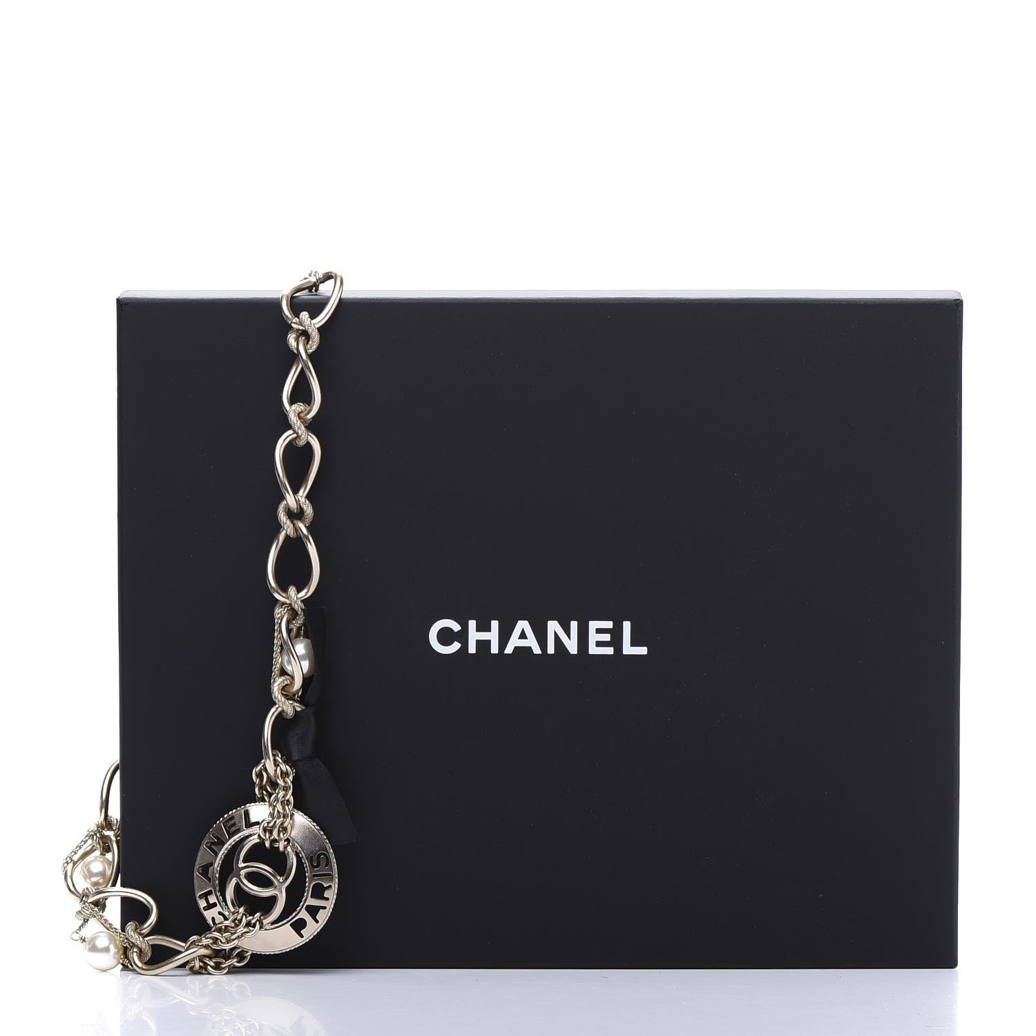 Chanel Metal Pearl Chain CC Paris Pendant Necklace Light Gold 8 of 8