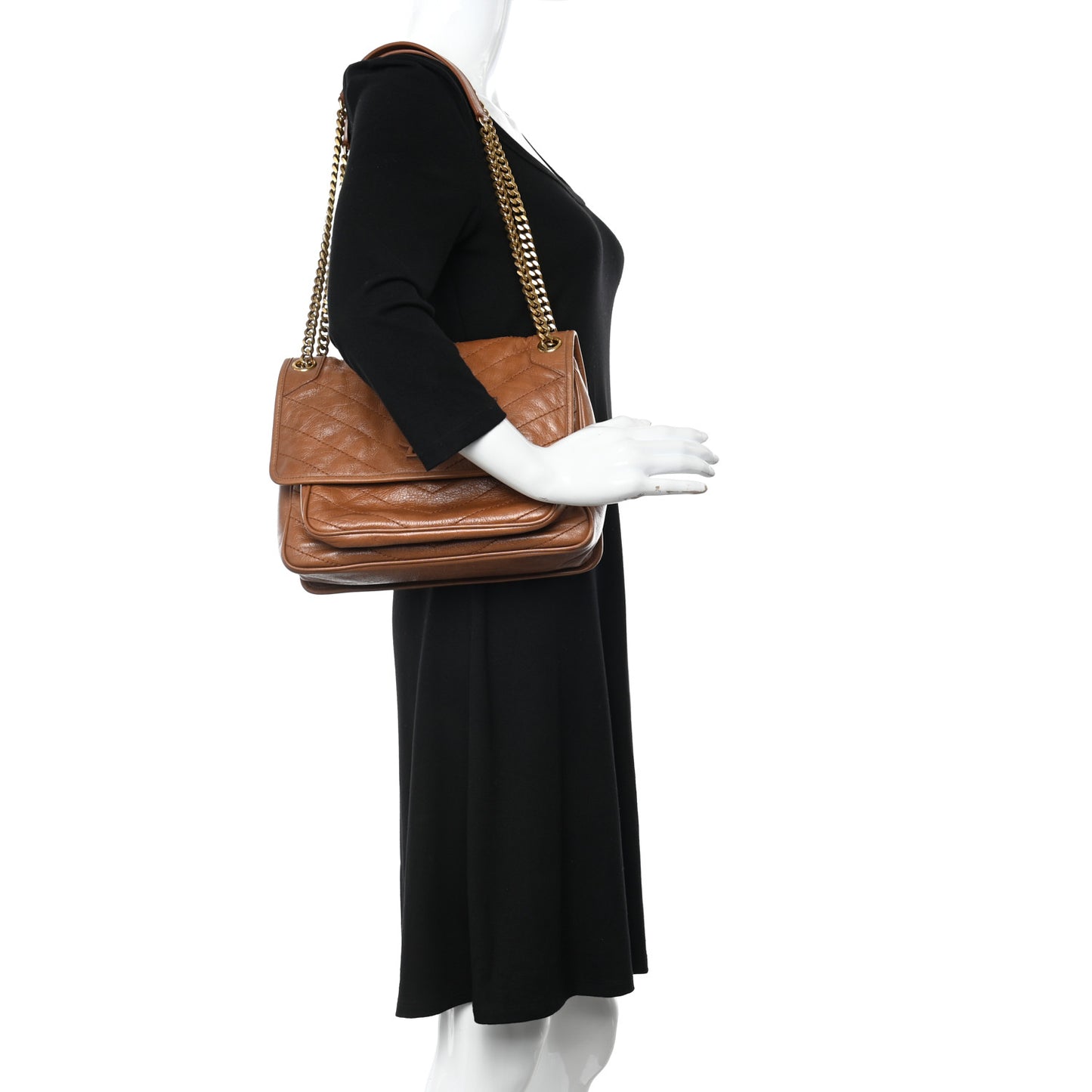 Crinkled Calfskin Matelasse Monogram Medium Niki Chain Satchel Light Caramel